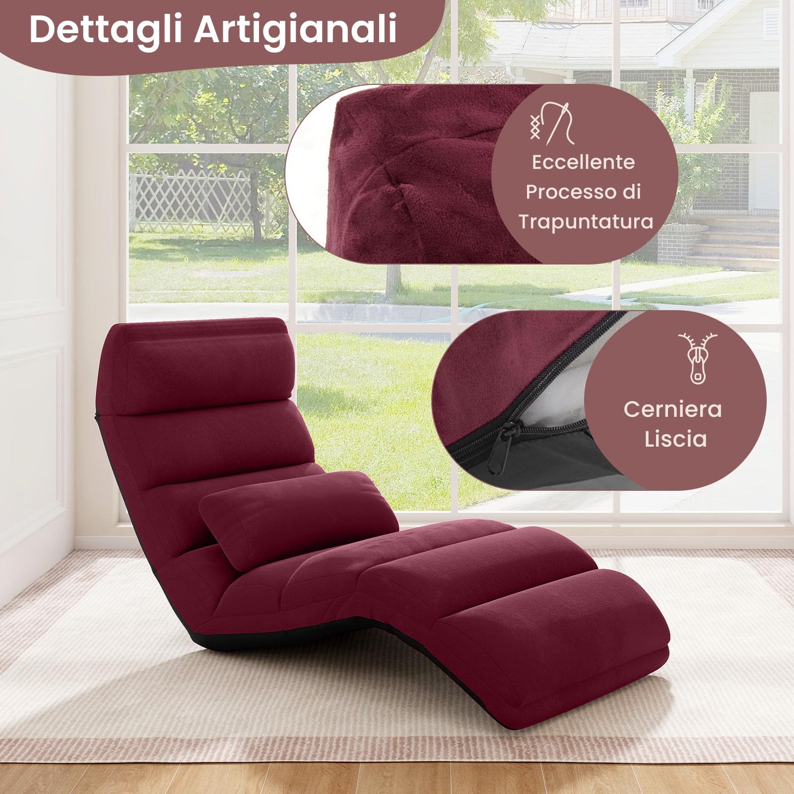 COSTWAY Sedia Pieghevole da Pavimento Portatile, Divano Imbottito, Regolabile in 5 Posizioni, Supporto per la Schiena, Ideale per Rilassarsi Leggere (Rosso)