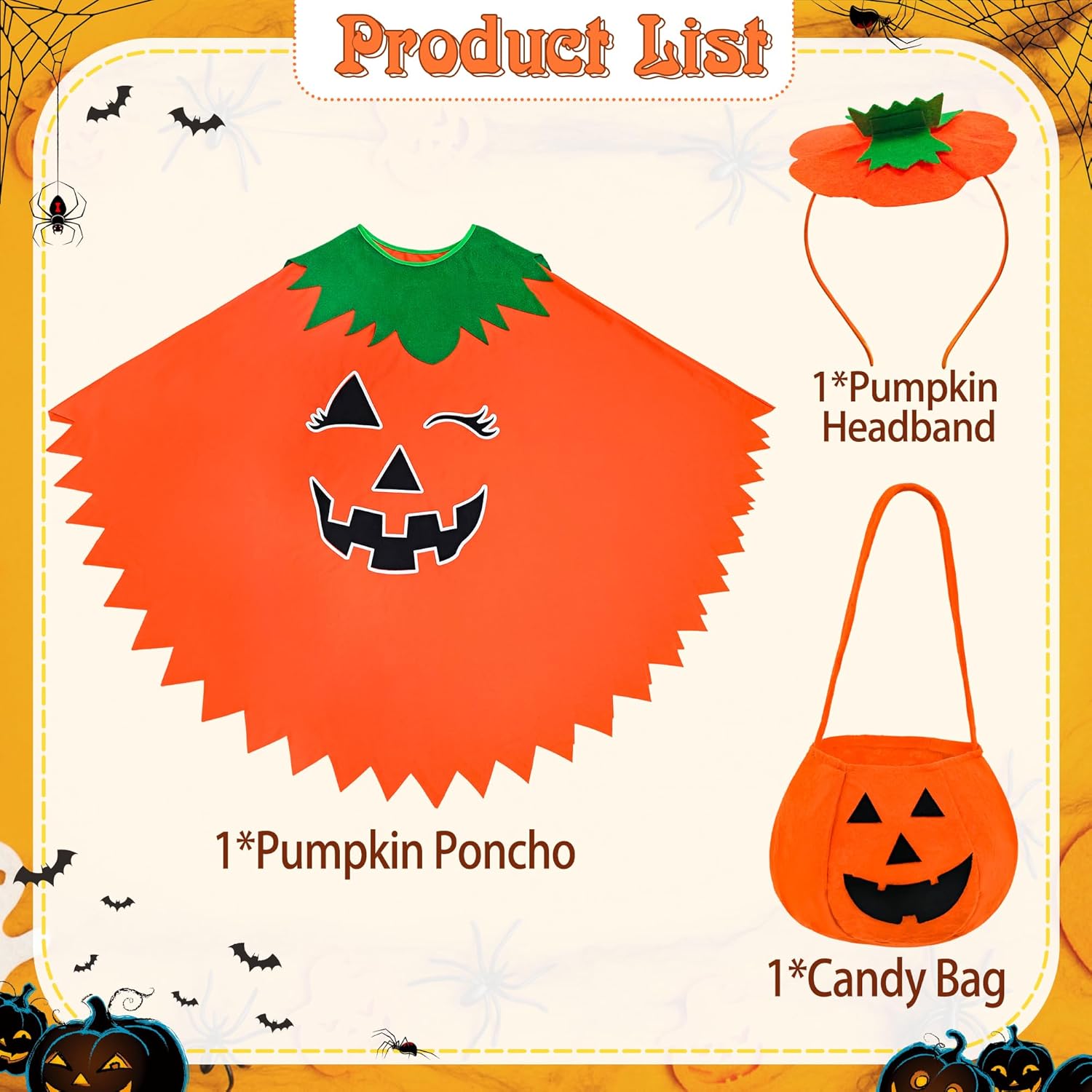 Yezmo Pumpkin Costume for Women, Pumpkin Poncho Cape Glow in the Dark with Headband Candy Bag for Halloween Dress Up - Image 3