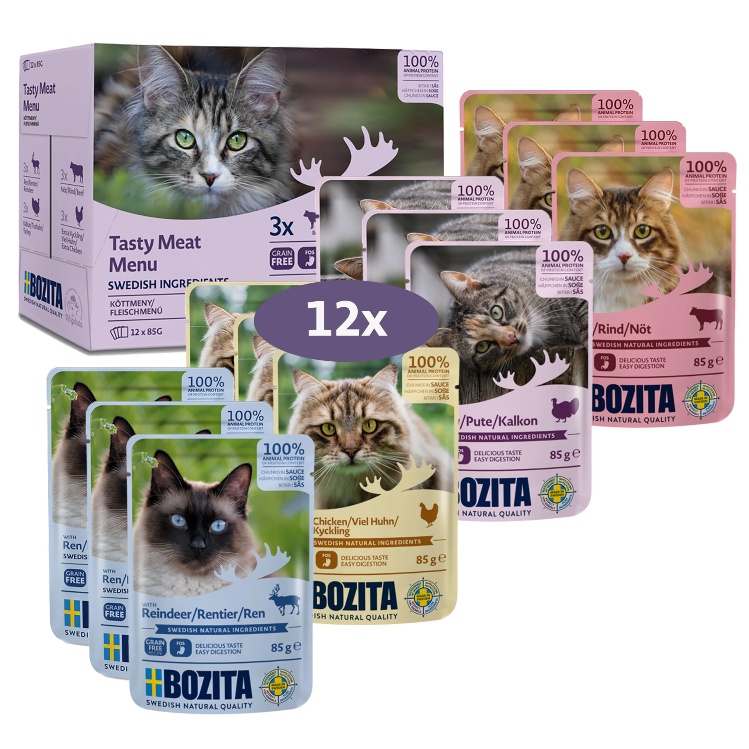 Bozita Nassfutter Häppchen in Sauce mit Pute – 12x85 g, getreide- und weizenfrei