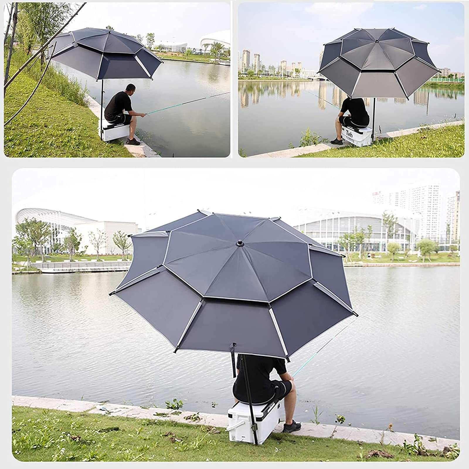 Grand parapluie de pêche avec protection UV, résistant à la pluie et au vent, fonction de levage et de dos pour un meilleur champ de vision et un levage pratique sans bloquer la vue.