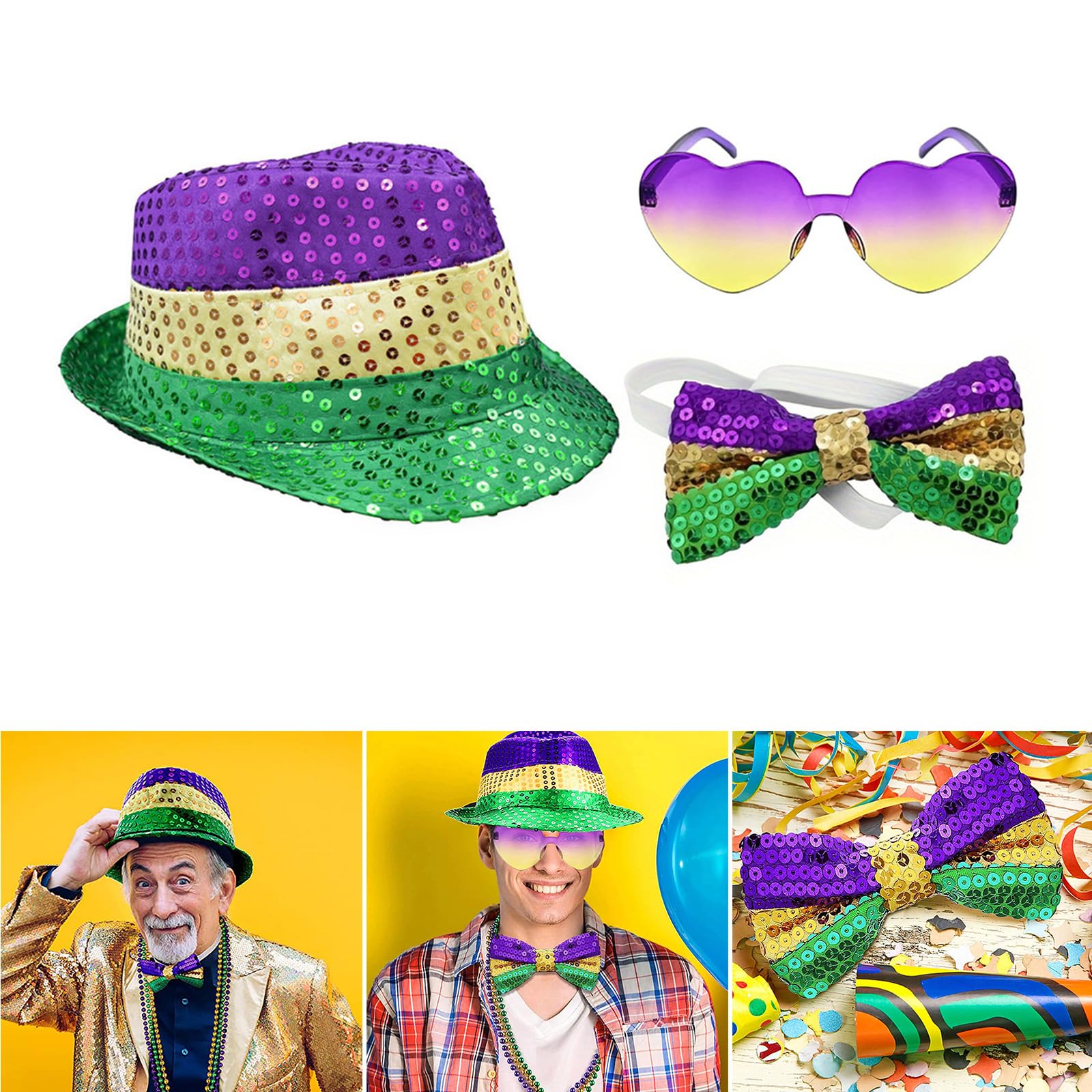 DIIOOMIEEU Grases Hat Bows Tie and Glasses Set Gold Green Hat Carnivals Party Circus Theme Party Accessories