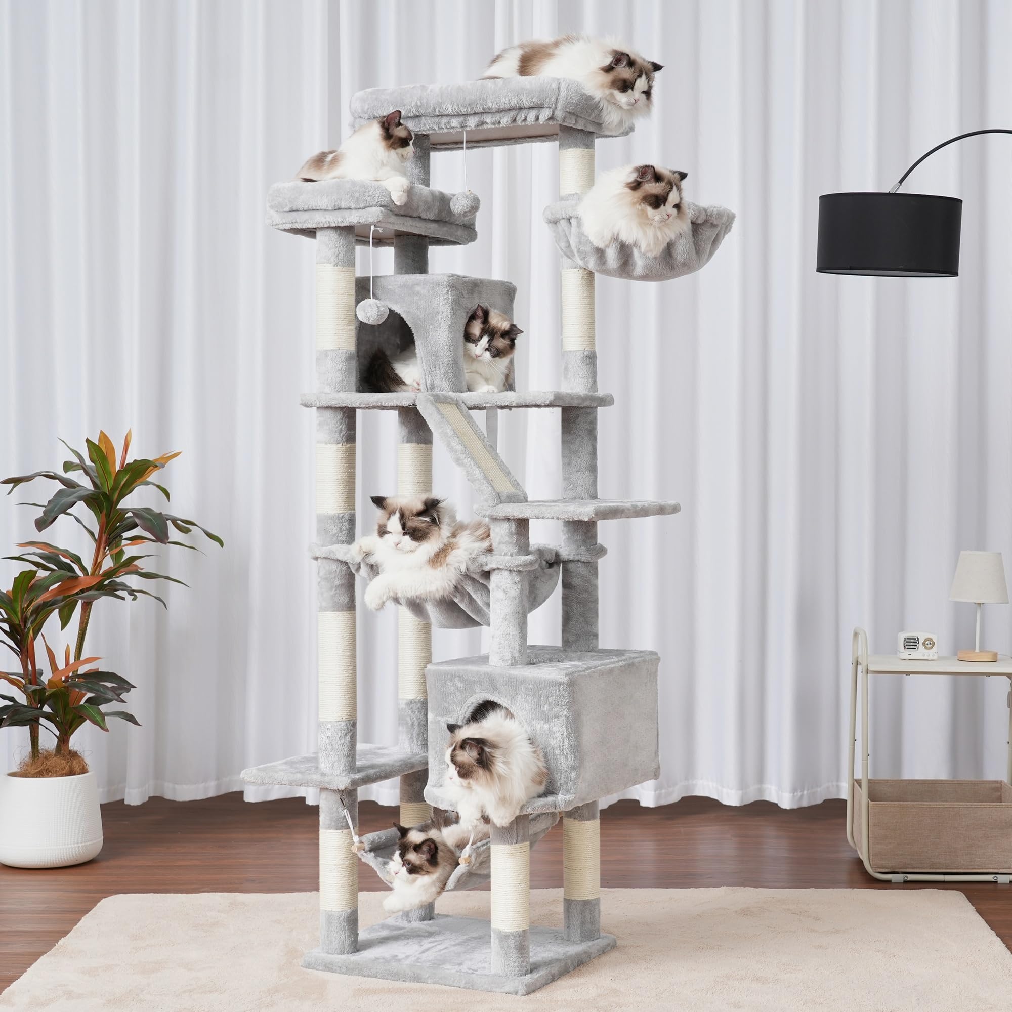 Heybly Rascador para Gatos, Torre De 180 cm, 2 Plataformas, 2 Cabañas, 2 Hamacas, Panel para Arañar. Gran Mueble para Gatos con Espacio De Dormir, Gris Claro HCT034W