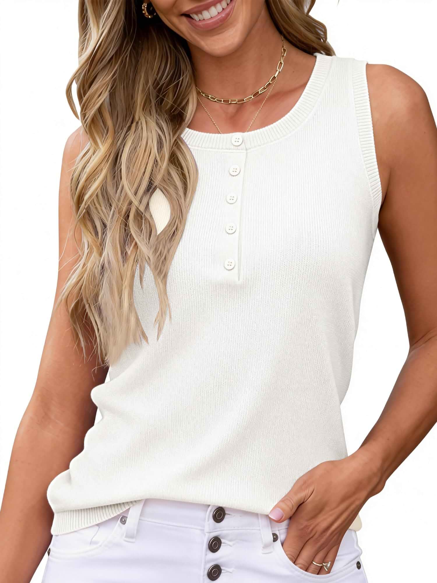 Chulianyouhuo Wool Blend Summer Sweater Women Sleeveless Casual Scoop Neck Tank Tops Fitted Button Down Business Shirt Sleeveless