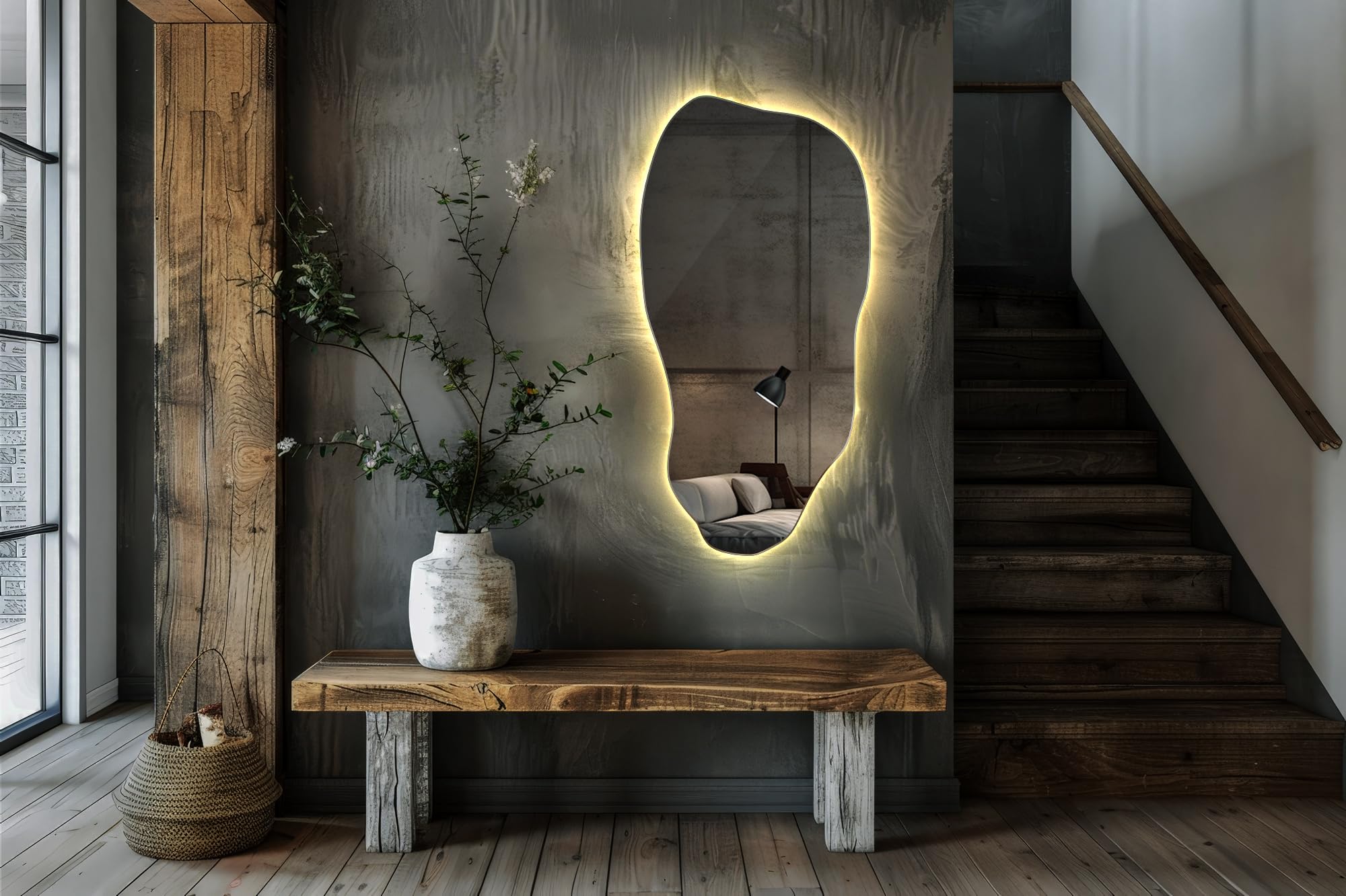 Generico Decormat Specchio LED 50x100 cm Grande Moderno Irregolare Specchio da parete Organico Asimmetrico Macchia per Bagno Soggiorno Verticale con illuminazione Luce calda
