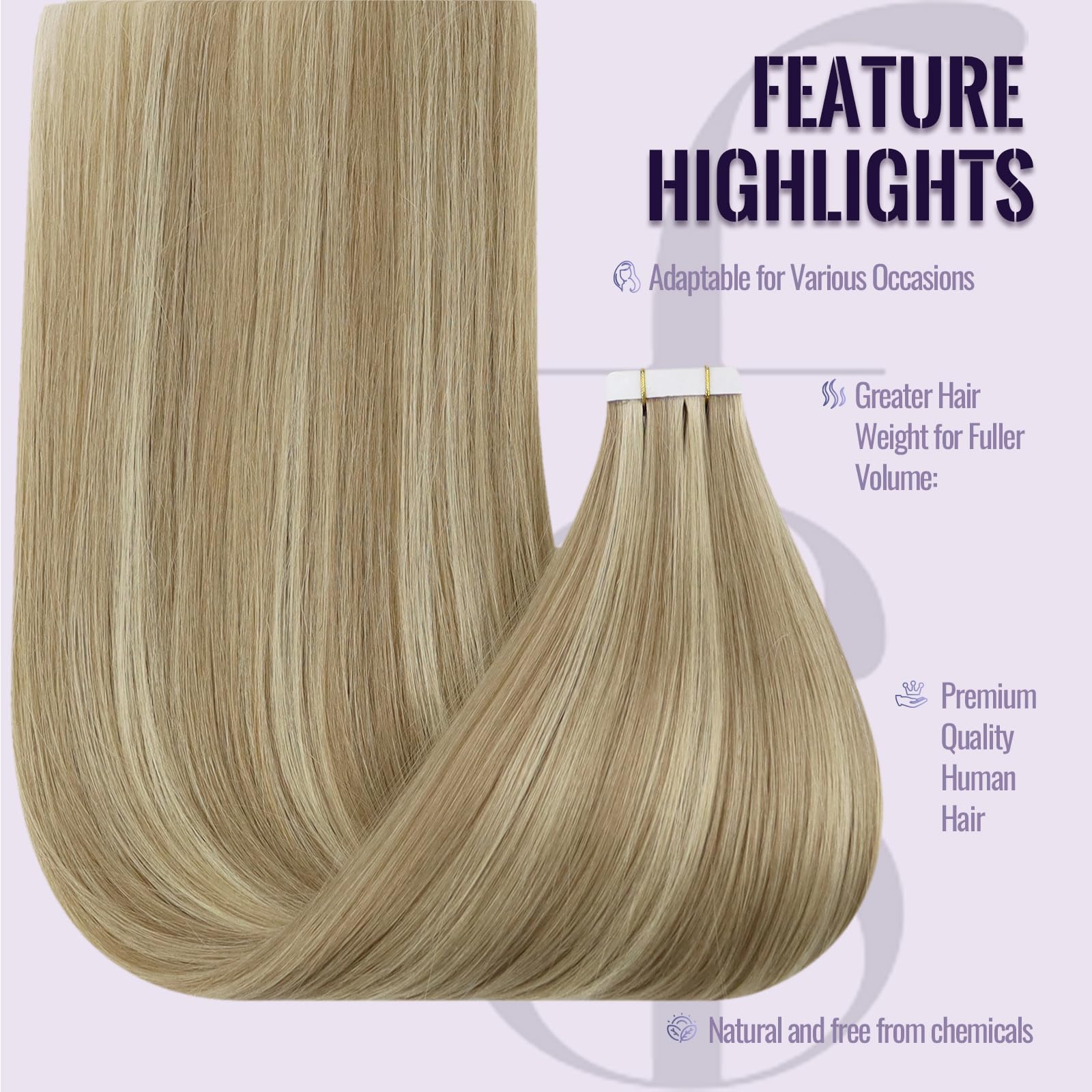 Fshine Biadesive Capelli Veri Extension 50g 45CM 20Pcs Extension Adesive Capelli Lisci Biondo Cenere Scuro Con Highlighted Del Biondo Dorato Extension Tape Capelli Invisibili 16P22