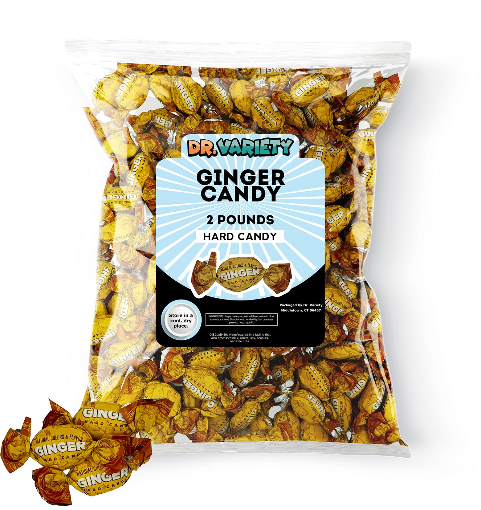 Ginger Hard Candy (2lb) - Bulk Individually Wrapped Ginger Candy for Nausea, Morning Sickness, and Digestion Relief - Strong Ginger Candies Suckers for Pregnancy - By Dr. Variety