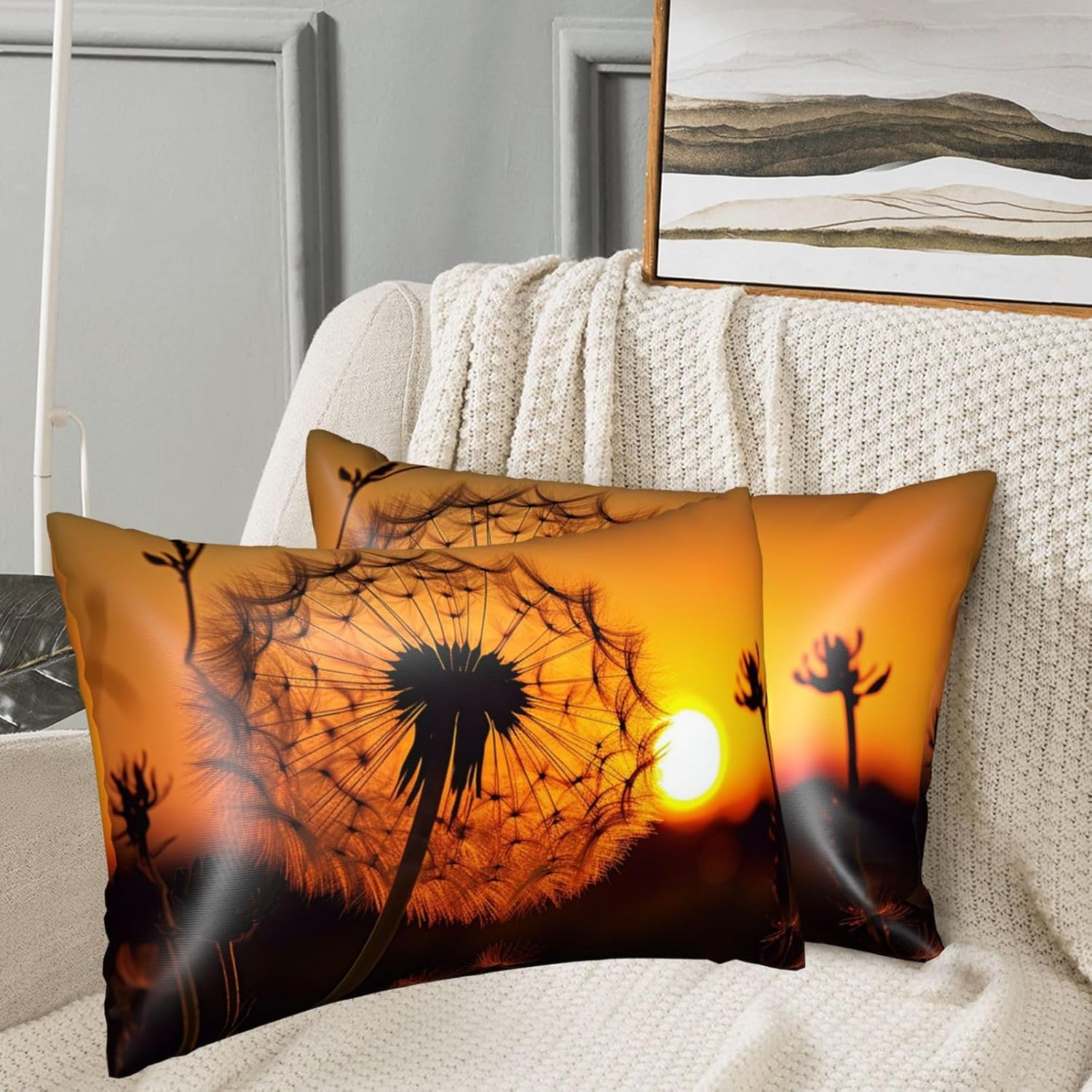 Satin Pillowcase for Hair and Skin, Sunset Dandelion Silk Pillow Cases Set of 2 Queen Size 20x30 Inches, Luxury and Soft Satin Pillow Covers with Envelope Closure