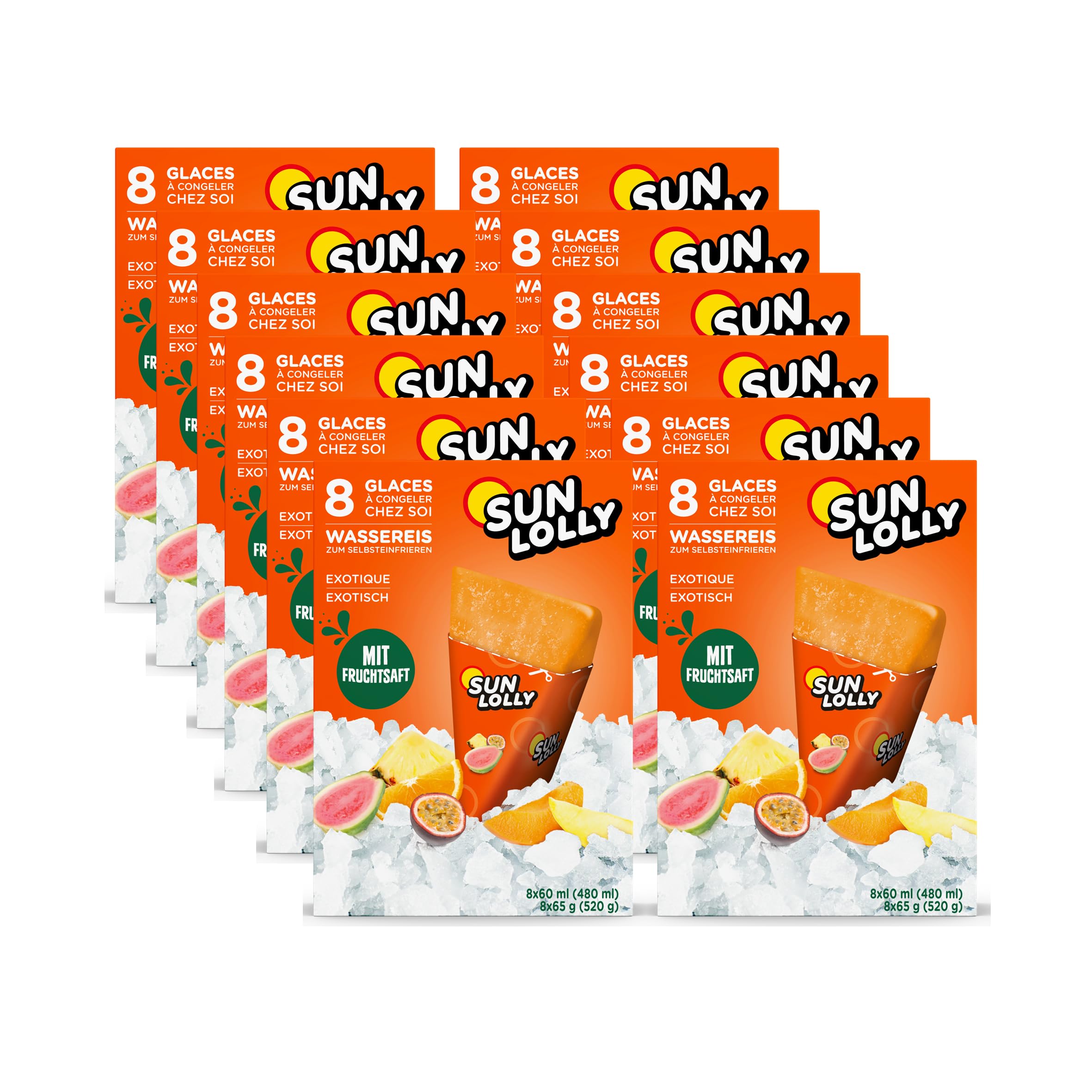 Sun Lolly Wassereis Exotisch 12er Vorratspack | Mit Fruchtsaft | Zum Selbsteinfrieren | Ohne künstliche Aromen | Frei von Süßungsmittel | Laktosefrei | Glutenfrei | 12 x 480ml