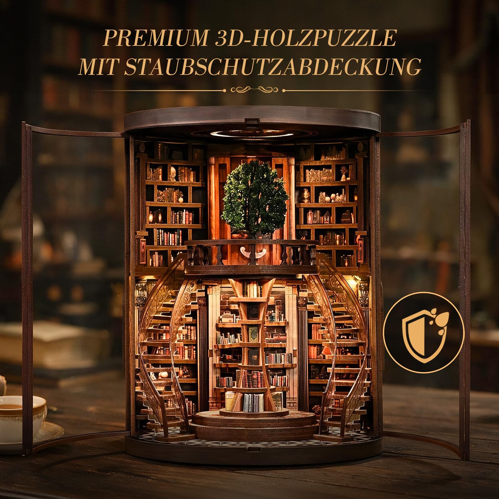 JONRRYIN Book Nook Bausatz Erwachsene, Weisheitsringe 3D Holzpuzzle mit LED-Licht, Miniatur Bausatz, Holzbausatz & Modellbausatz DIY, Kreatives Geschenk (Bibliothek)