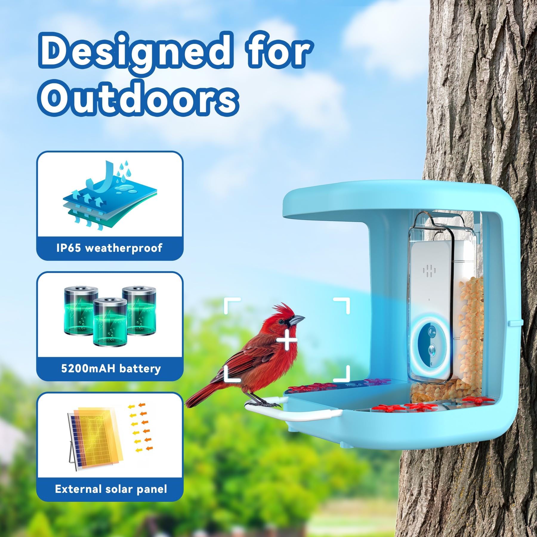 Comedero inteligente para pájaros con cámara, cámara de alimentación solar para pájaros, notificaciones en tiempo real, cámara de video en vivo HD 1296P, regalo ideal para los amantes de las