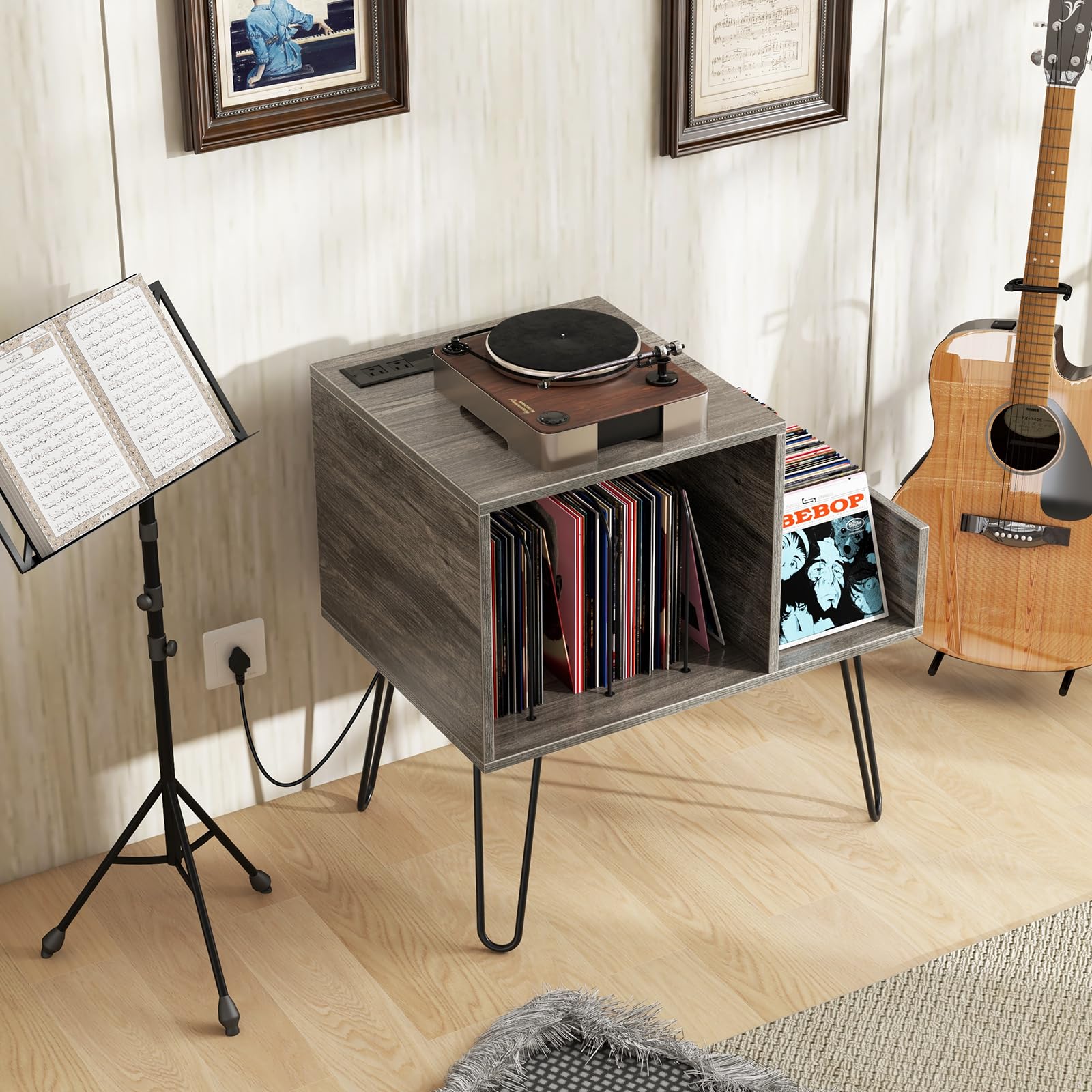 COSTWAY Supporto per Giradischi con Presa di Corrente, Espositore per Dischi con Presa di Corrente e Porta USB, Capacità Fino a 145 Album, per Soggiorno e Camera da Letto, 66 x 45 x 67 cm (Grigio)