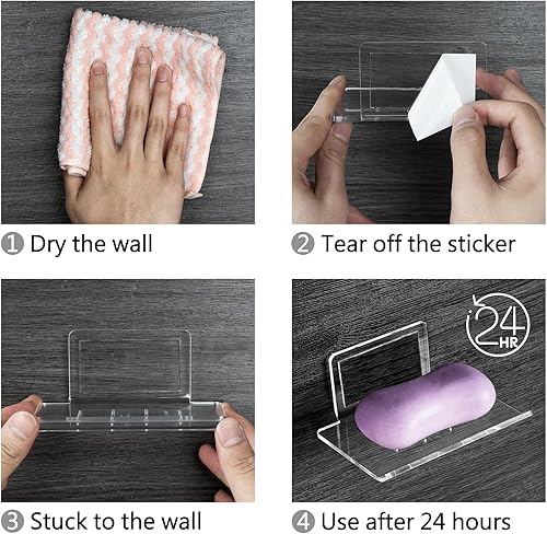 Miniatura 5 de Jabonera autoadhesiva montada en la pared, protector de jabón acrílico de 4 ranuras, soporte de esponja para pared de ducha, baño, cocina