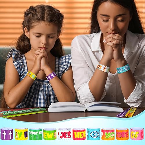 Miniatura 5 de Jenaai 100 pulseras cristianas para niños, pulseras religiosas a granel de bofetadas religiosas con versículos de la Biblia, pulseras religiosas de