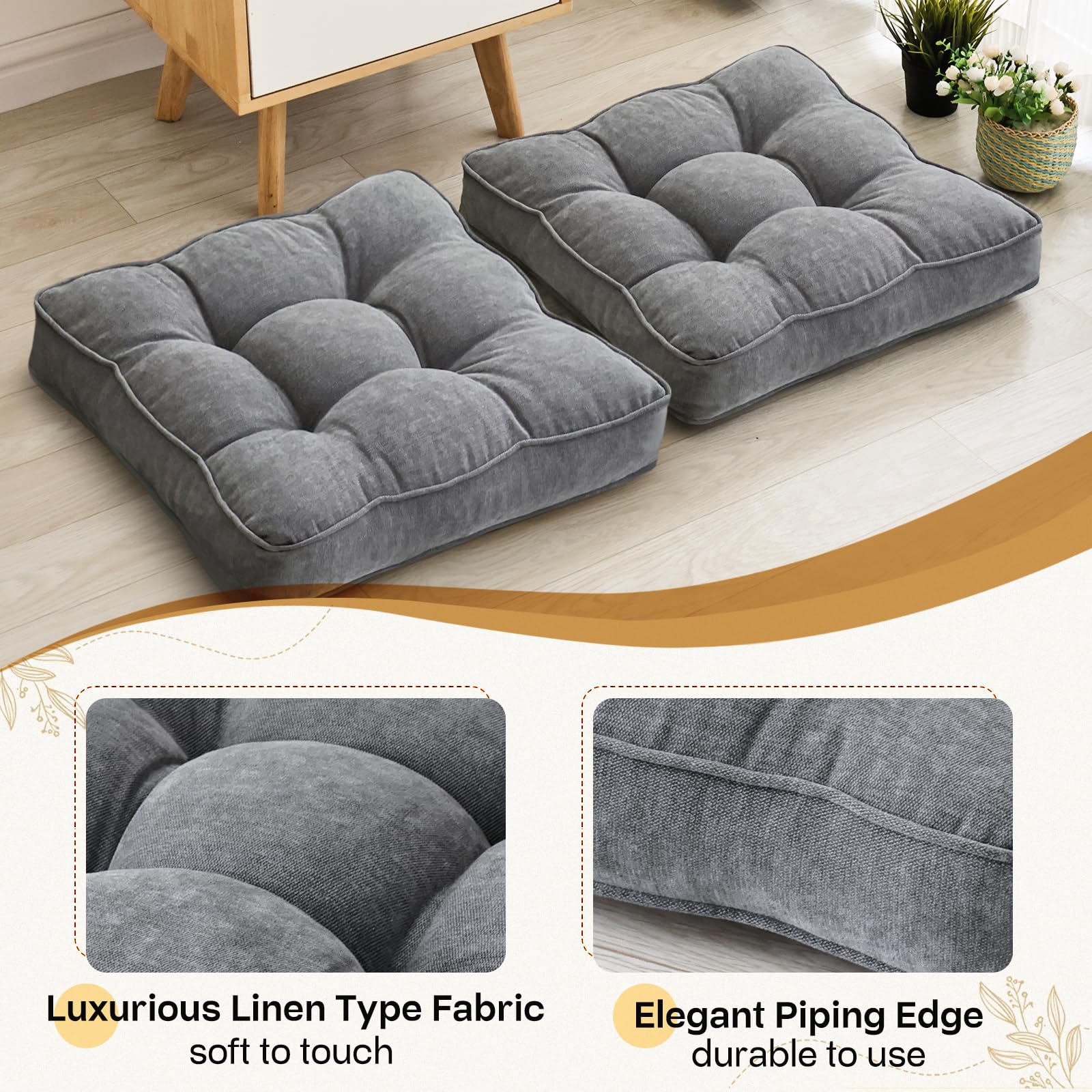 AS AWESLING 55cm x 55cm Floor Pillows Set of 2, Grey, 55CM × 55CM - Image 3