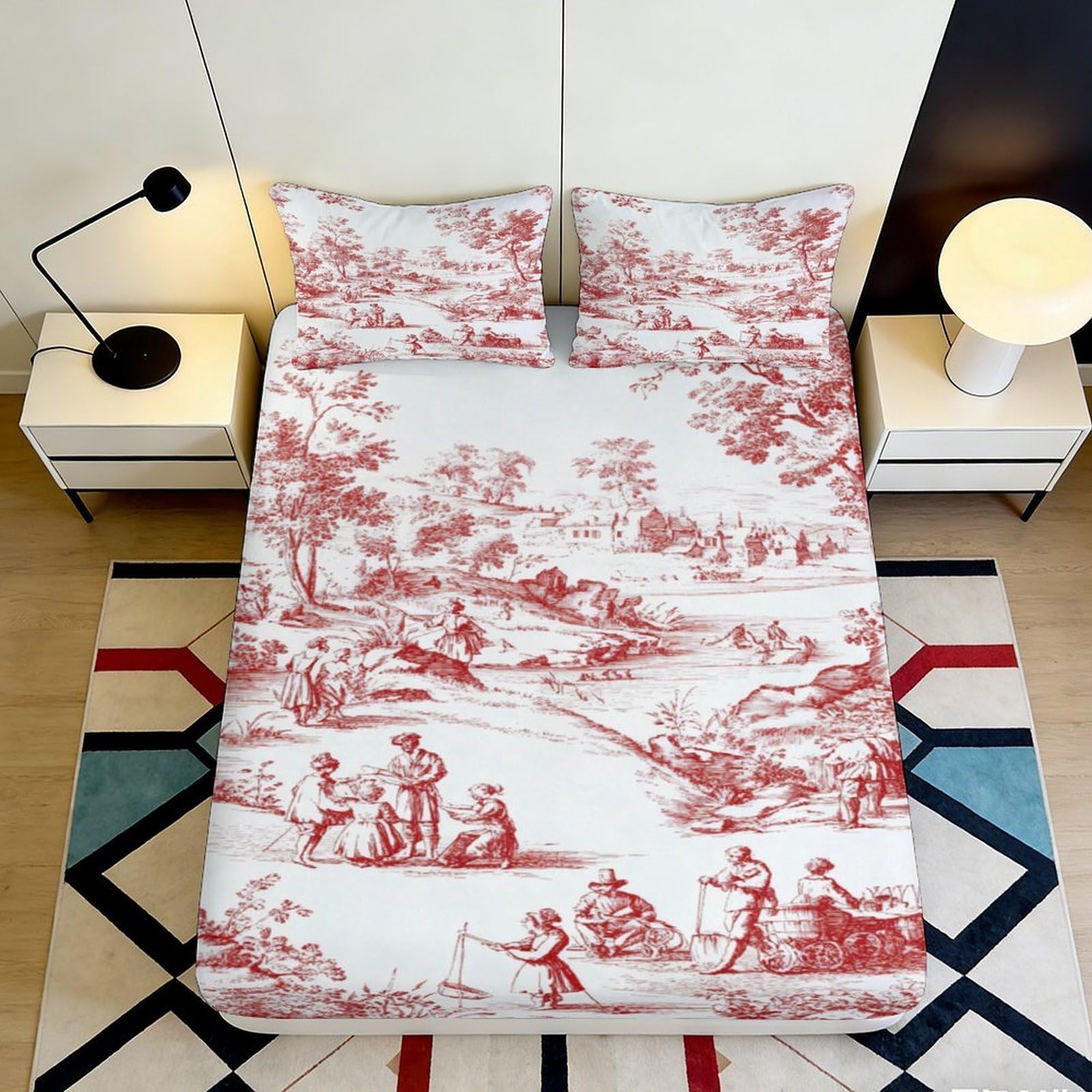 3D Printed French Pastoral Fitted Sheet Microfiber Soft Red Toile Mattress Cover for Bedroom Guest Room Decor 90x200x25cm