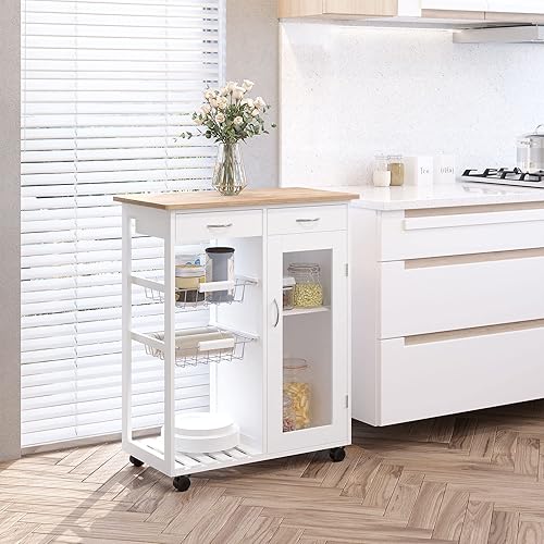 Miniatura 9 de HOMCOM Isla de cocina rodante de 28 pulgadas con almacenamiento, carrito de cocina con tapa de bambú macizo, canasta de alambre, gabinete de puerta