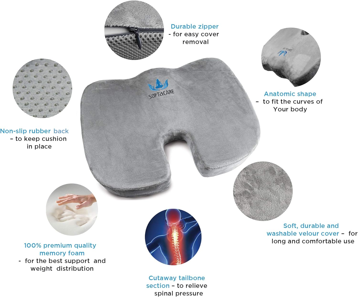 SOFTaCARE Seat Cushion Coccyx Orthopedic Memory Foam and Lumbar Support Pillow, Set of 2 (Light Grey, 2 pcs) : Office Products