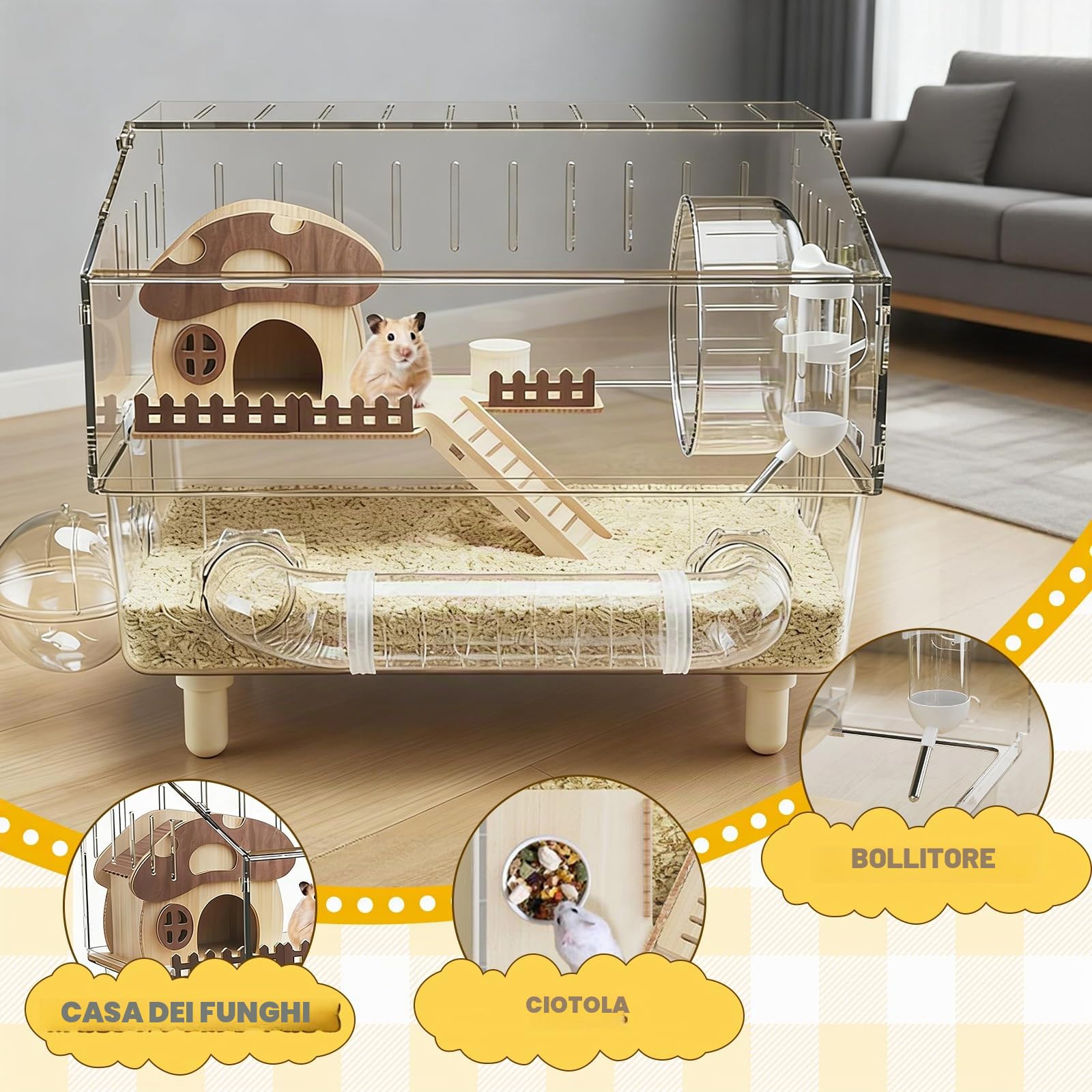 Gabbia Grande in Acrilico per Criceti, Gabbia a 2 Strati per Gerbilli con Vista Completa Trasparente, Casa Aperta per Criceti con Tutti gli Accessori, Grande Habitat, per Gerbilli 40 * 30 * 34 cm