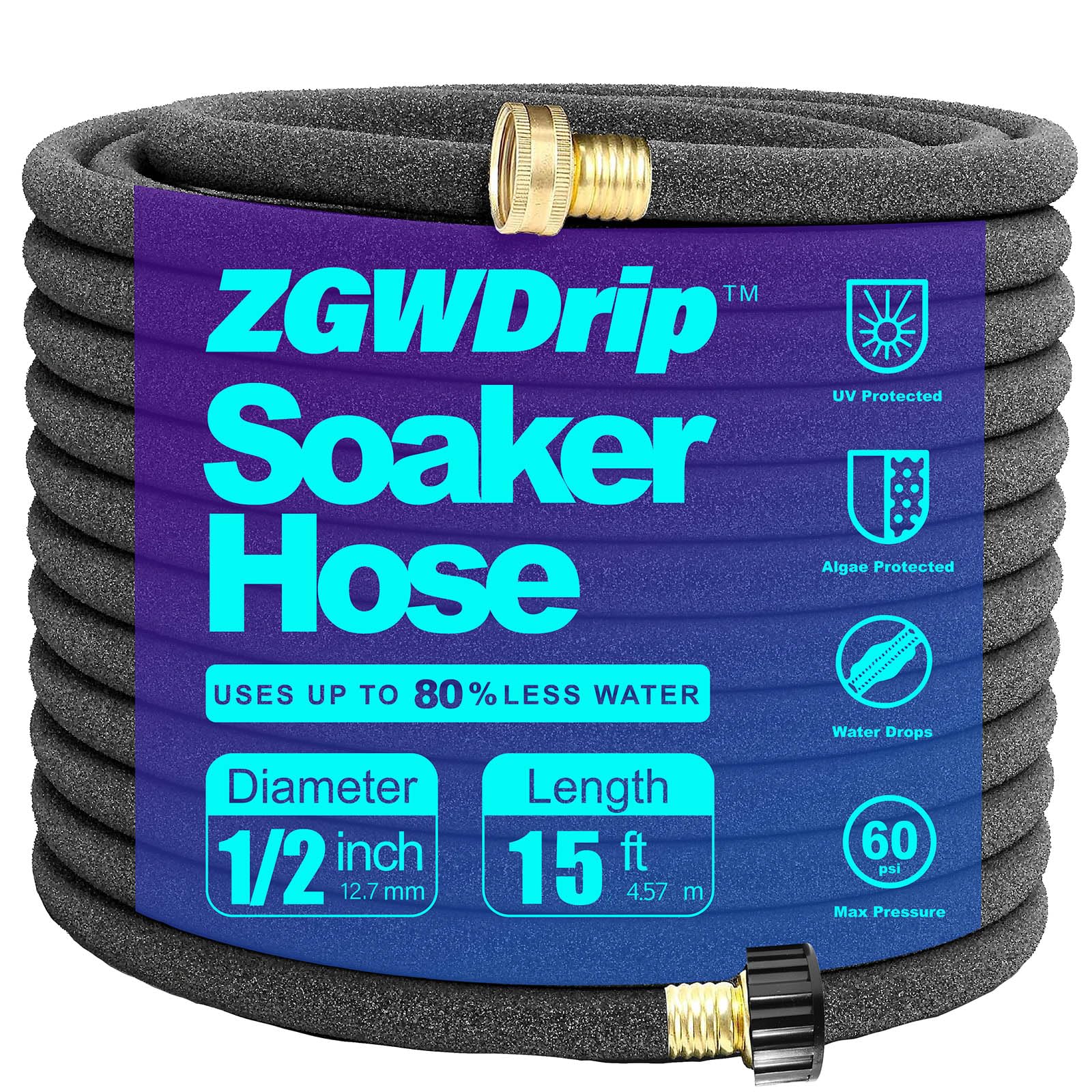 ZGWDrip Soaker Hose 15 FT,1/2 Inch Soaker Garden Hose with 3/4" Solid Brass Connectors