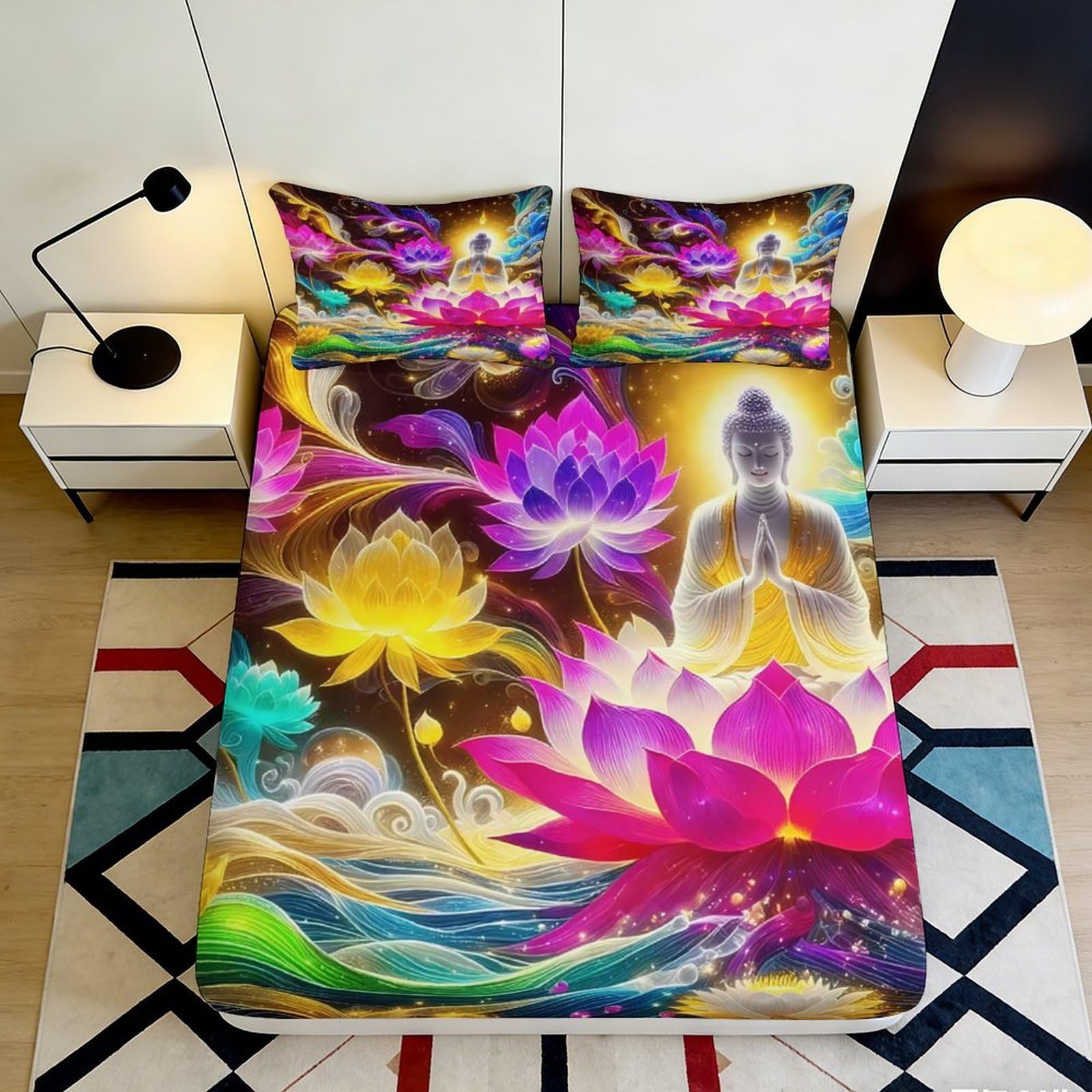 3D Printed Lotus Flower Fitted Sheet Microfiber Soft Breathable Buddha Bed Cover for Bedroom Dormitory Guest Room Mattress Protection Decor 90x200x25cm