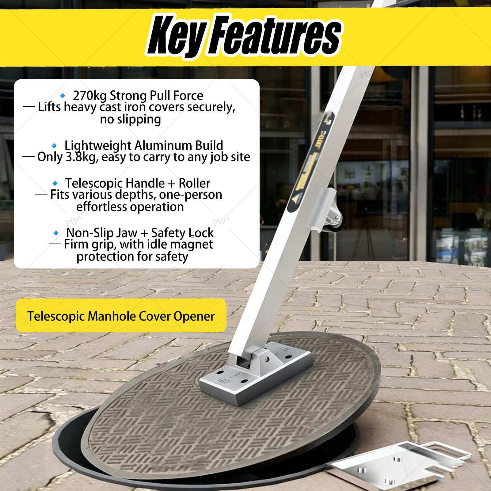 Magnetyczny Podnośnik Do Pokryw Studzienek, Korpus Aluminiowy Ze Wbudowanym Wspornikiem Rolkowym, Nośność 600 Funtów, Przenośny Hak Do Podnoszenia Pokryw Studzienek Na Parkingach
