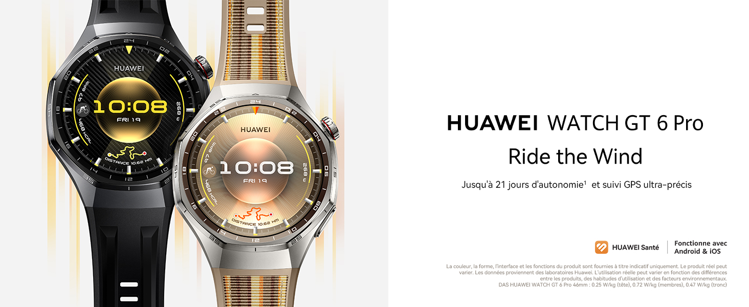 HUAWEI Watch GT 6 Pro GPS 46mm Montres connectées, Écran AMOLED de 1,47  Pouce, Jusqu'à 21 Jours d'autonomie, Cyclisme de Niveau Professionnel,  Fonctionne avec iOS et Android, Analyse ECG, Noir : Amazon.fr: