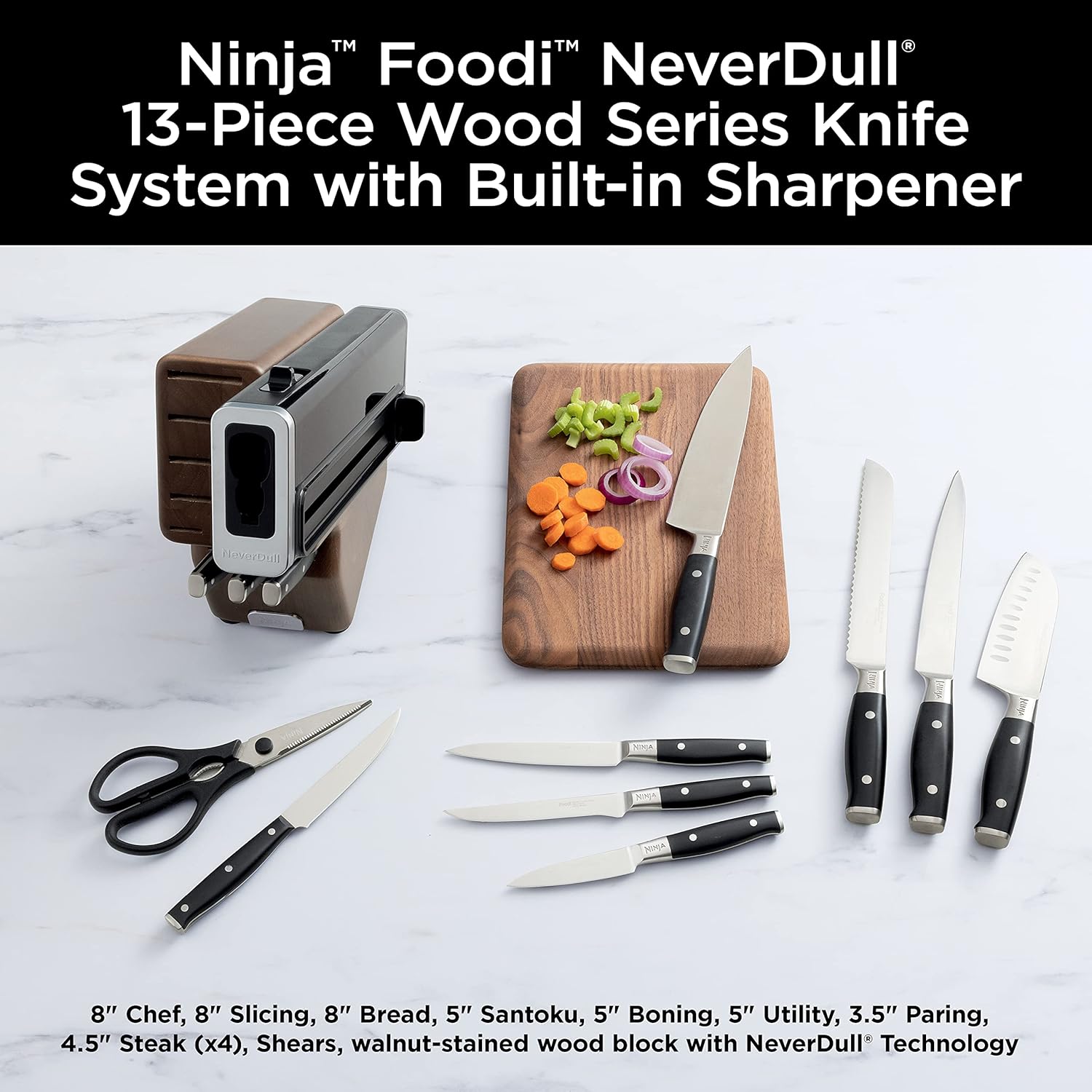 ninja k52013 foodi neverdull premium 13 piece german stainless steel wood series knife system with built-in sharpener, walnut stain/black 13pc set - wood walnut block