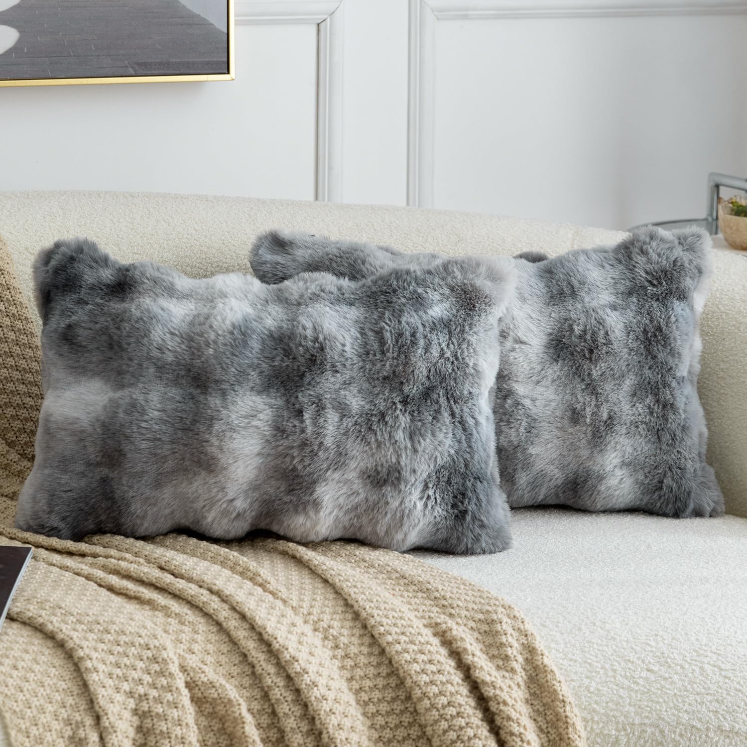 Madizz Pack of 2 Thick Plush Faux Wool Cushion Covers 30x50 cm Mottled Grey Soft Neutral Decorative Throw Pillow Covers Accent Boho Pillowcases for Couch Sofa Bedroom Pillow Shell