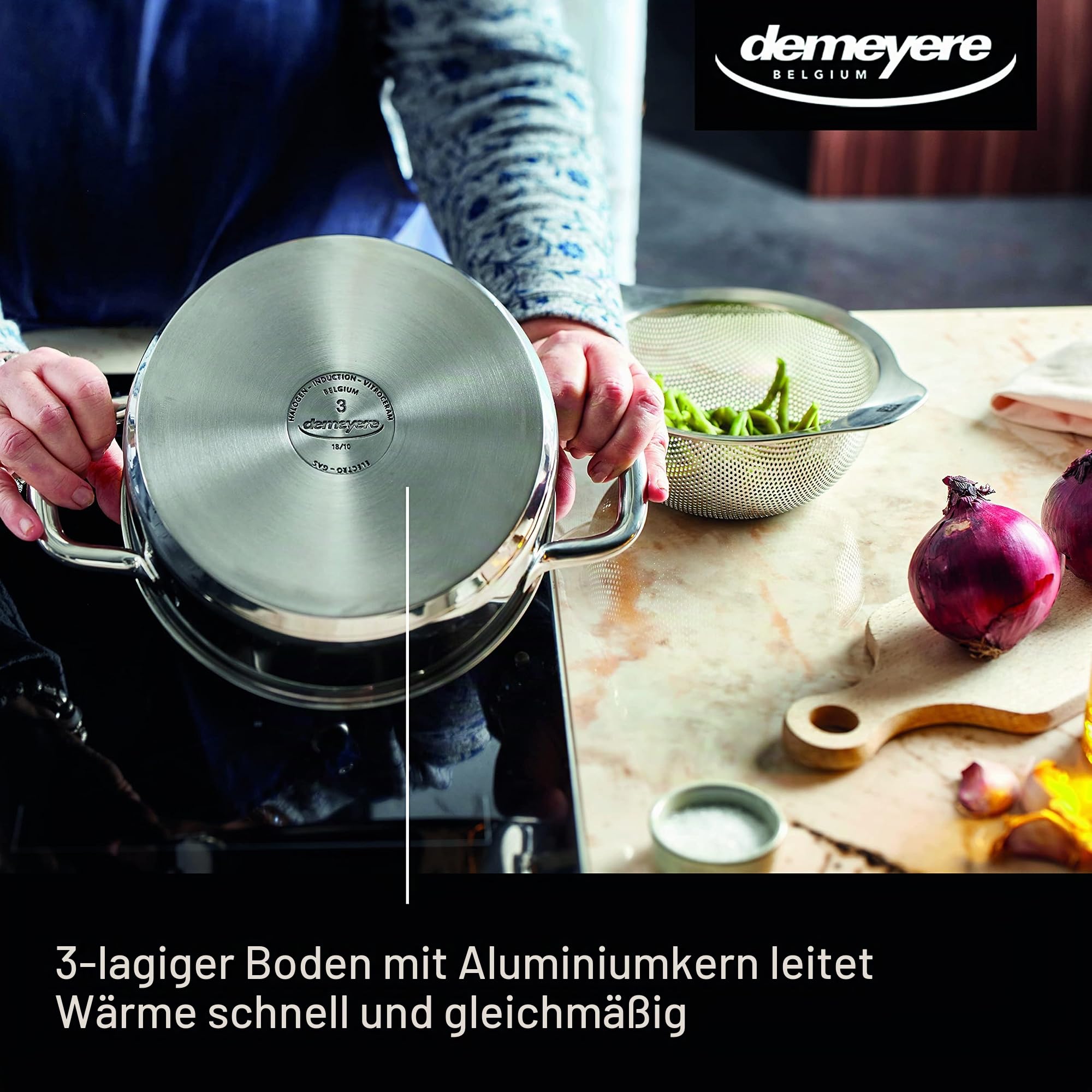 Demeyere Alu Classico 3 Kochtopf fuer Induktion und anderen Herdarten, Topf mit Deckel aus pflegeleichtem Edelstahl mit 3-lagigem boden mit Alumiumkern, 10 Jahre Qualitaets-Garantie, 18 cm gross