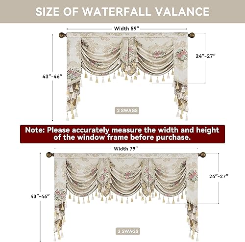 Miniatura 2 de Loom and Mill Cenefa de cascada de jacquard de lujo para sala de estar, dormitorio, cenefas de ventana de damasco floral con borlas, cortinas de
