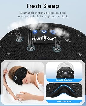 MUSICOZY Breathable Bluetooth Sleep Mask Headphones for Sleeping | Mesh Sleep Mask With Bluetooth 5.4 Audio, Soft Fabric And Comfortable Fit for Side Sleepers, Travel, Meditation and Rest