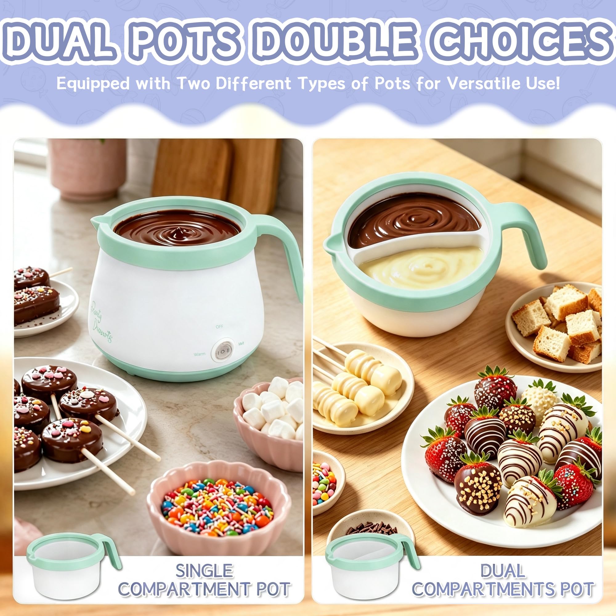Party Desserts Melting Pot Elettrico Cioccolato con 2 Pentole Slicone 2,5 Tazze (Acquamarina)
