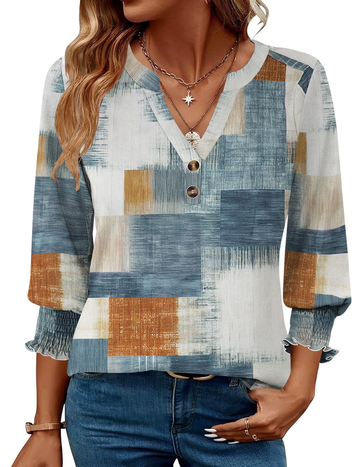 Enqoole Bluse Damen V Ausschnitt 3/4 Arm Tunika Elegant Langarmshirt Business Casual Oberteil Locker Shirt 2026