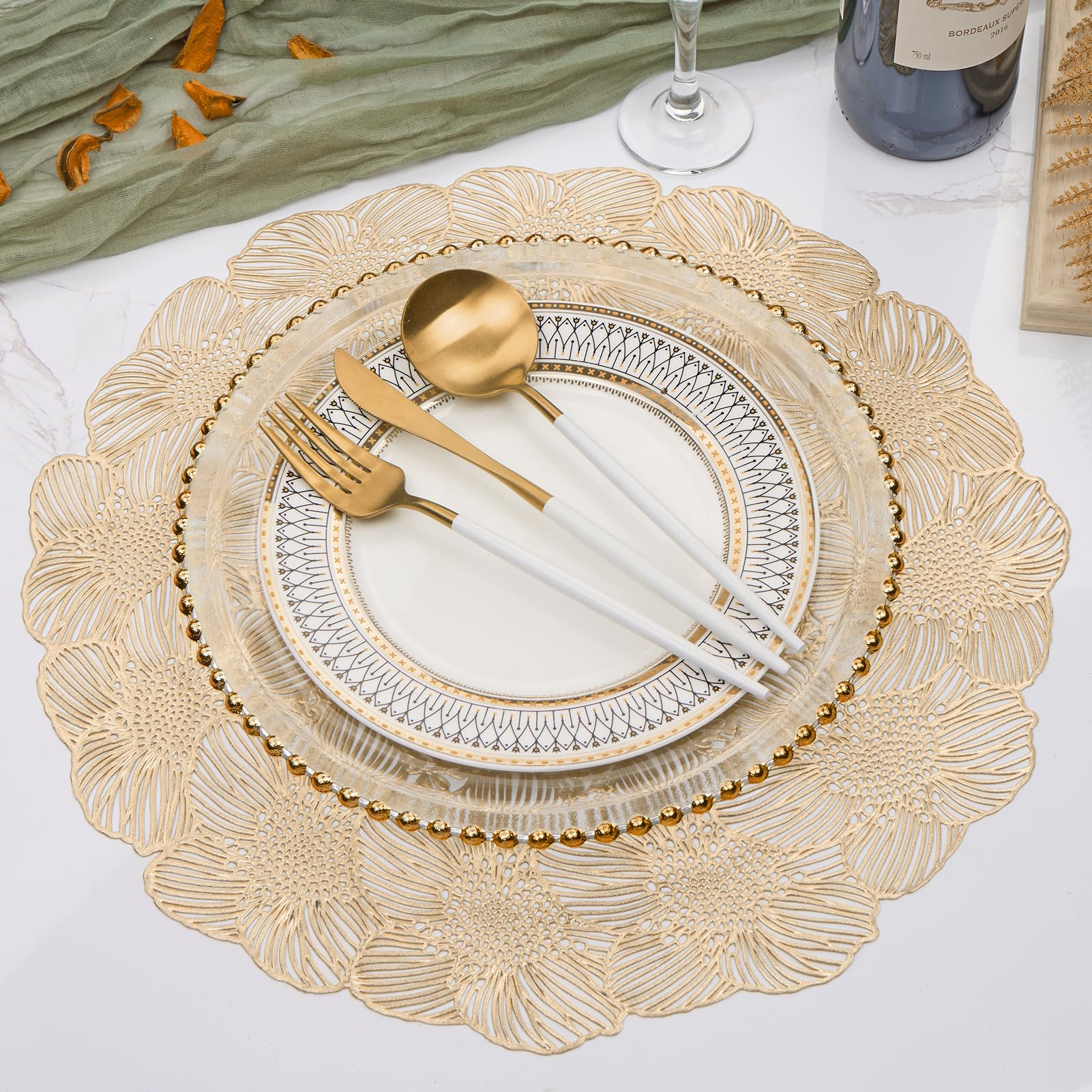 Juego de 6 manteles individuales redondos de vinilo dorado de 15 pulgadas, diseño de flores, lavables, antideslizantes, resistentes al calor, para mesa de comedor, decoración de fiestas