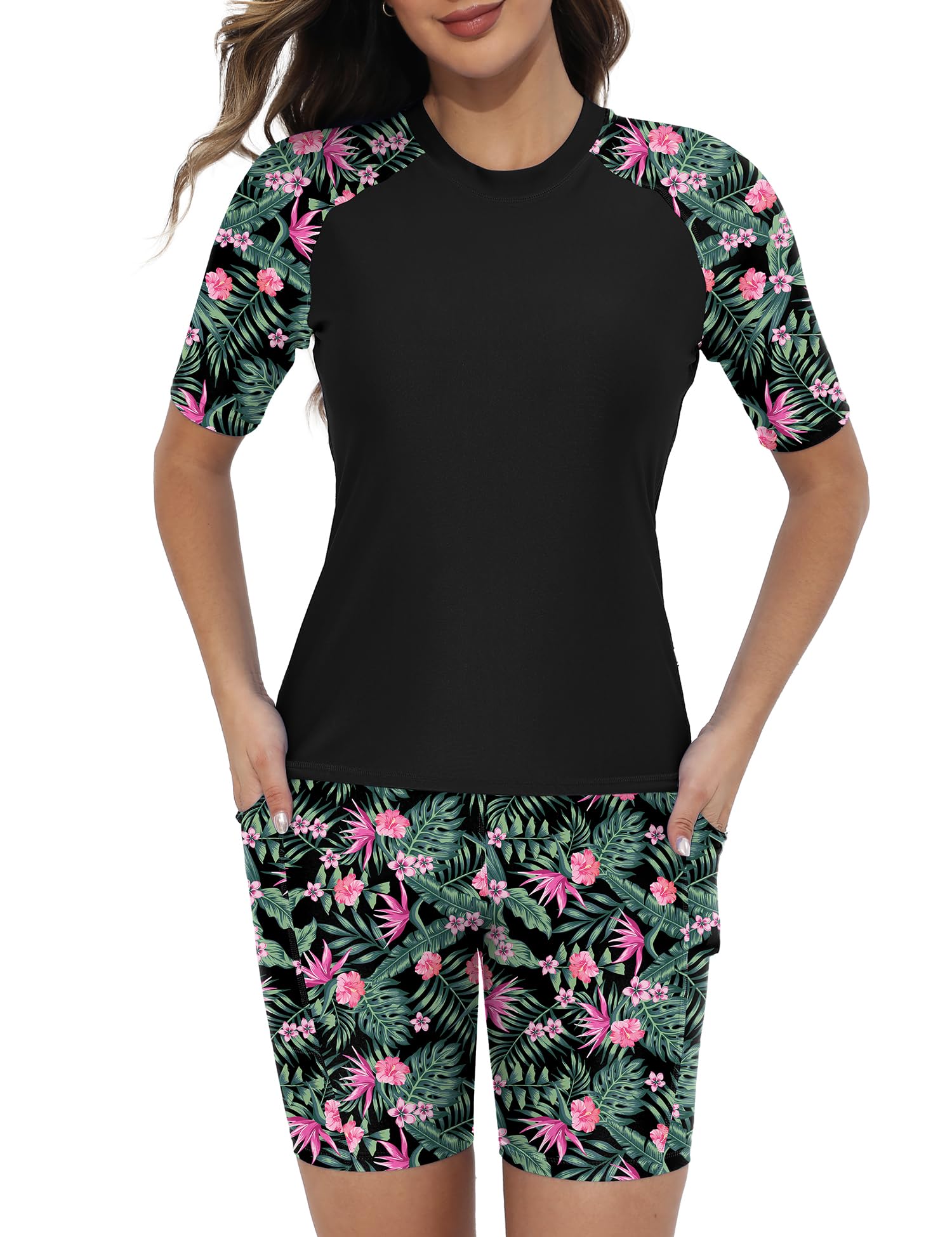 Tournesol Women's Two Piece Rash Guard Short Sleeve UPF 50+ Swim Shirts