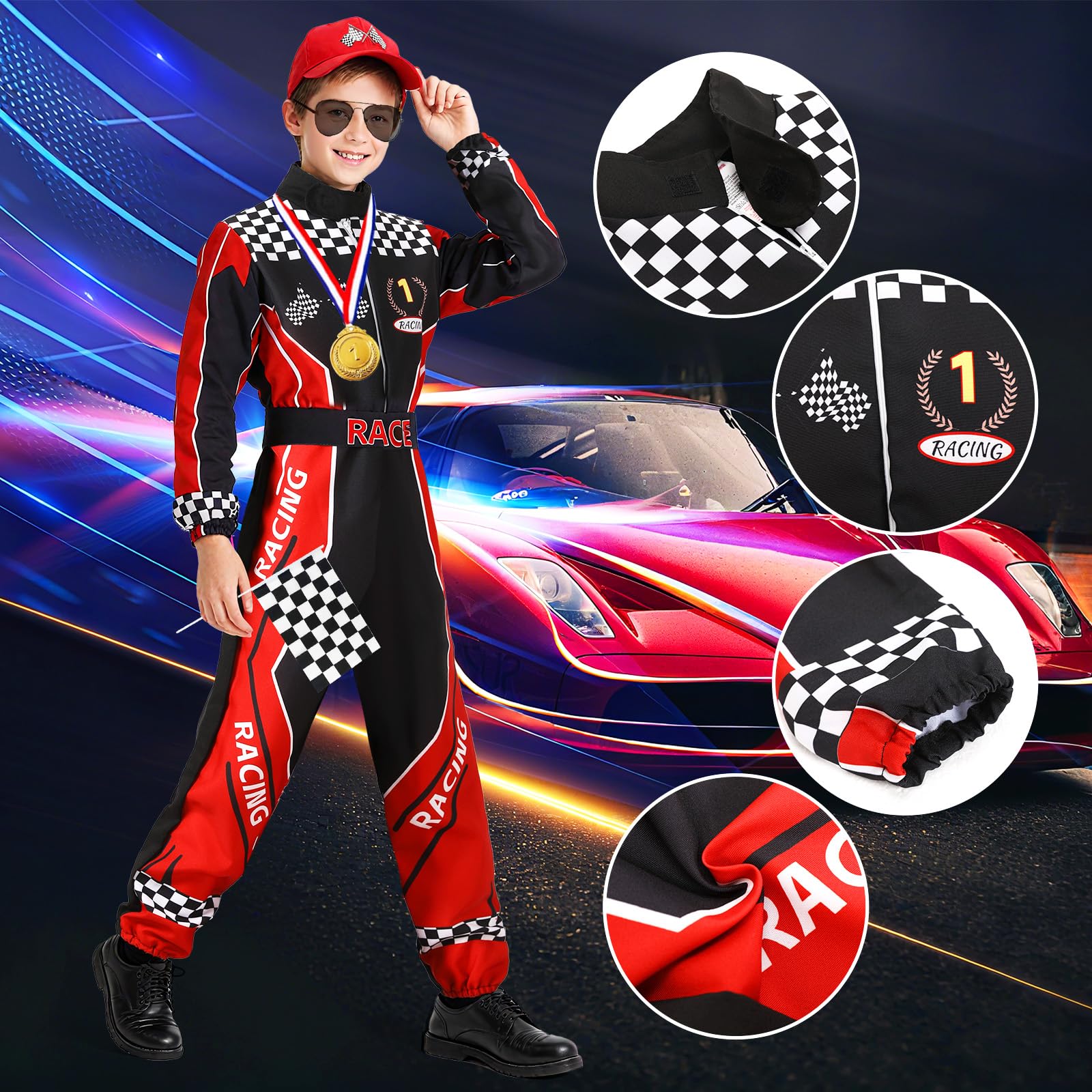 Rennfahrer Kostüm Kinder Race Overall Jumpsuit mit Gläser Medaille Hut Flagge für Halloween Karneval Racer Cosplay