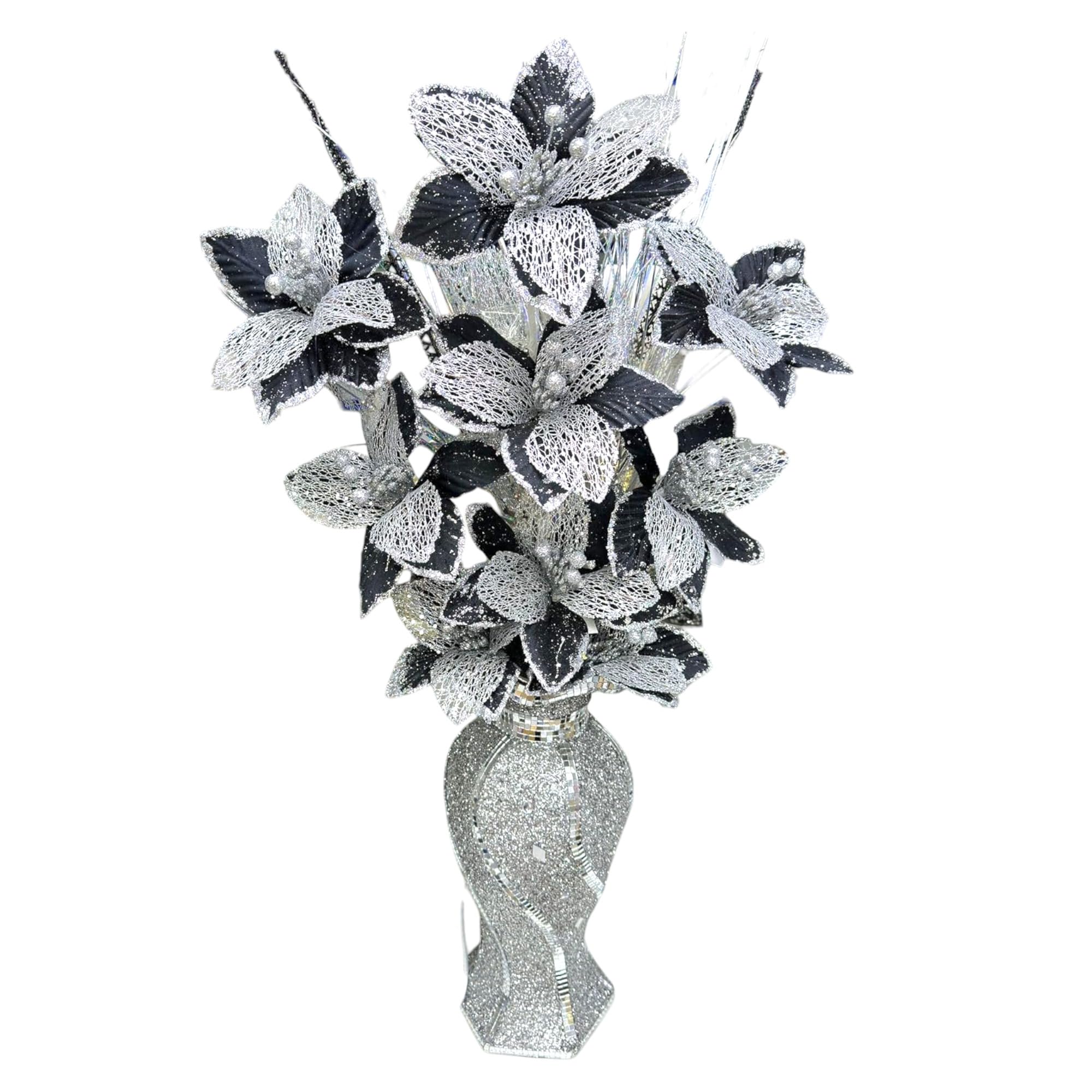 Shabjy Black And Silver Black & Silver Glitter Artificial Flower Arrangement In Crushed Diamond Mosaic Vase – 65Cm Elegant Romany Bling Home Decor Ornament