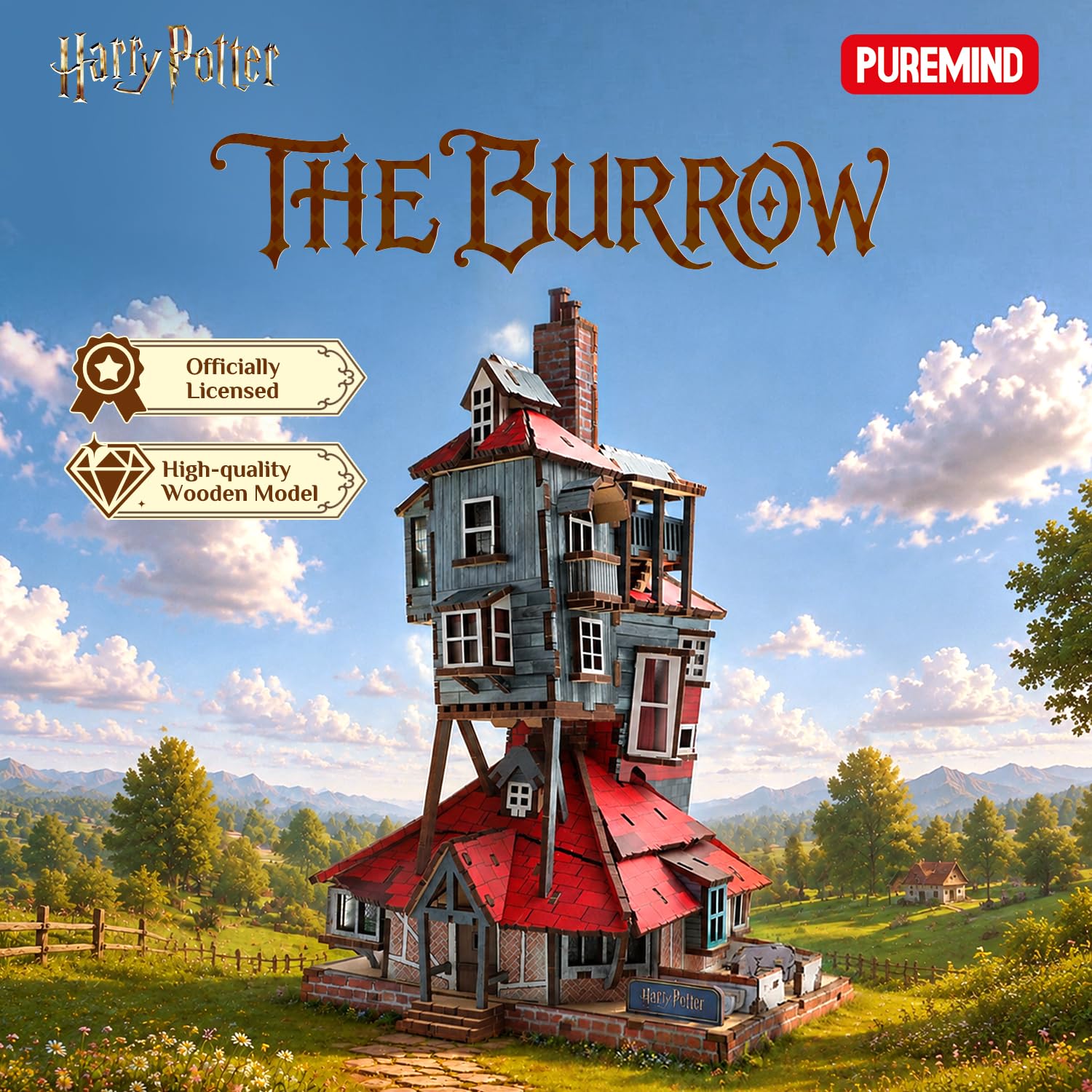 PUREMIND Harry Potter La Tana, Puzzle 3D in legno, casa Weasley senza colla | Licenza ufficiale, regalo Harry Potter, senza colla, porte apribili, 16 finestre, casa Weasley, pezzo da collezione, scaffale