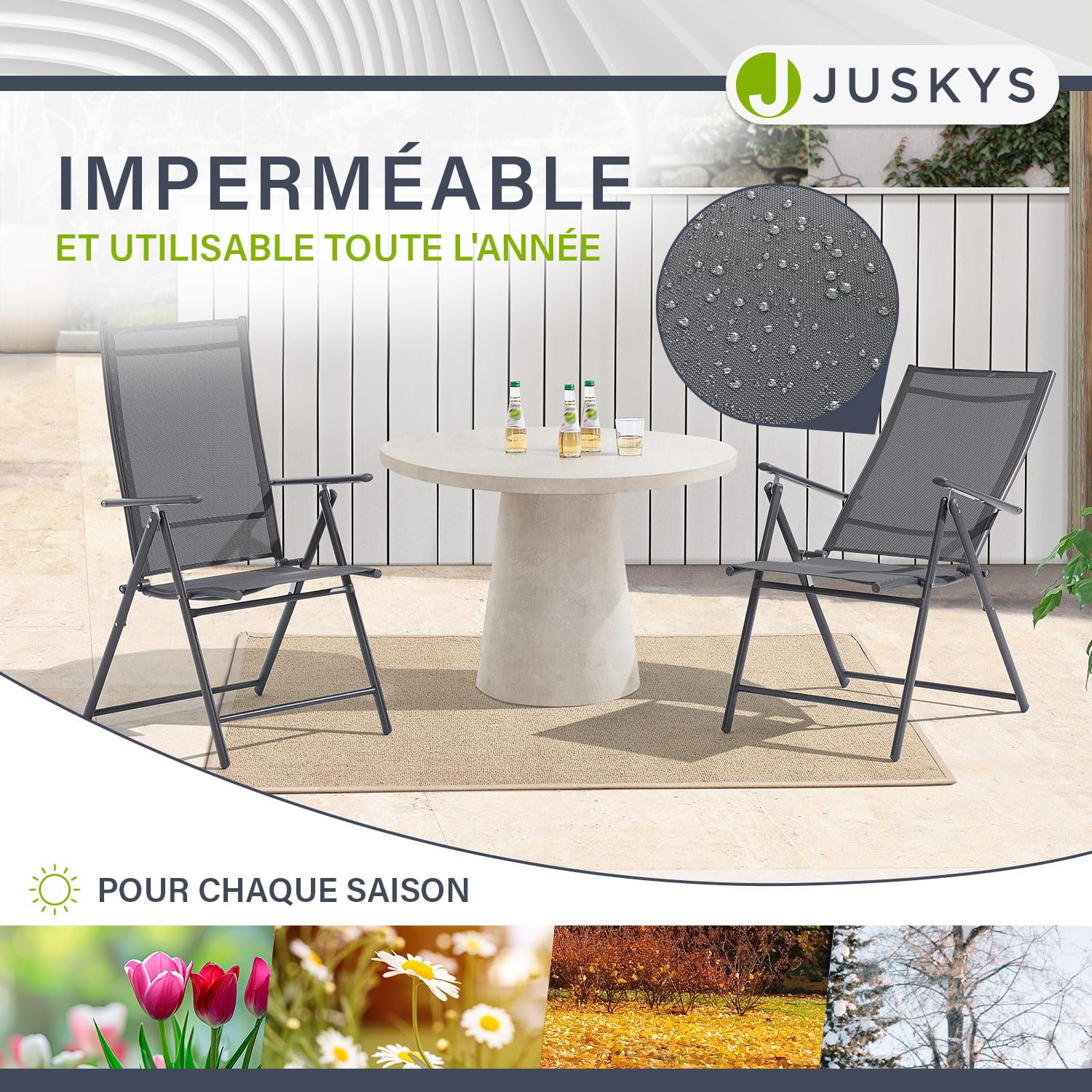 Juskys Chaise de Jardin Calena - Lot de 2 - Dossier 7 Positions, Pliable - Structure Acier thermolaqué, Tissu Respirant & Confortable