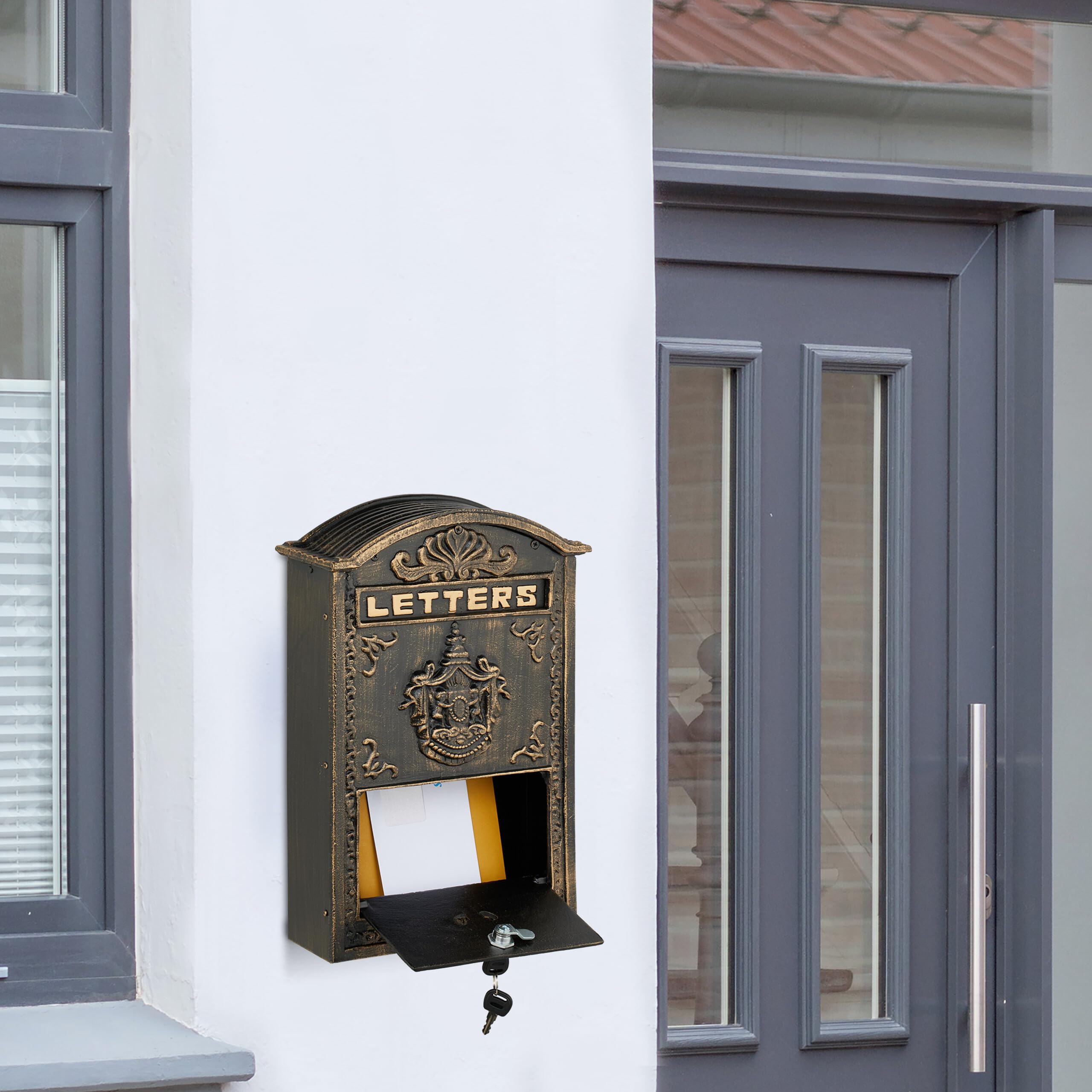 Relaxdays Cassetta Posta, Design Antico, Porta Lettere A4, Casella Postale in Ferro e Alluminio, 42x28x10 cm, Nero Oro