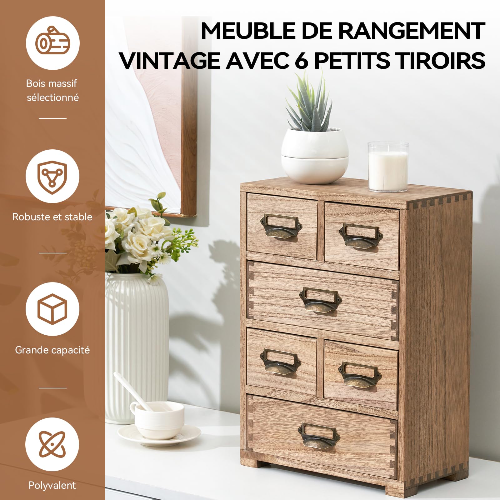 KIRIGEN Boîte de rangement en bois massif 4 étages Organisateur de bureau tiroir multifonctionnel brun