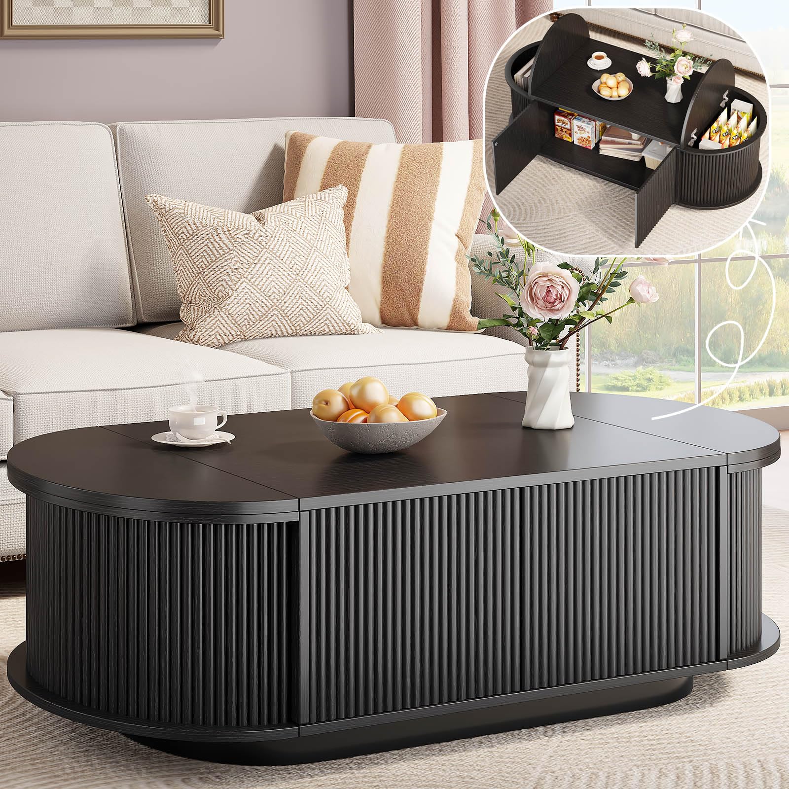 hsh 47" oval coffee table with storage, black coffee table for living room | modern center table with with press type door, fluted living room tables with 2 flip-top hidden lids, wood table