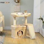 PAWZ Road Small Cat Tree for Indoor Cats, Cat Tower with Natural SIsal Scratching Posts & Ladder, Cat Condo, Cozy Top Perch, Furr Hanging Balls, Beige