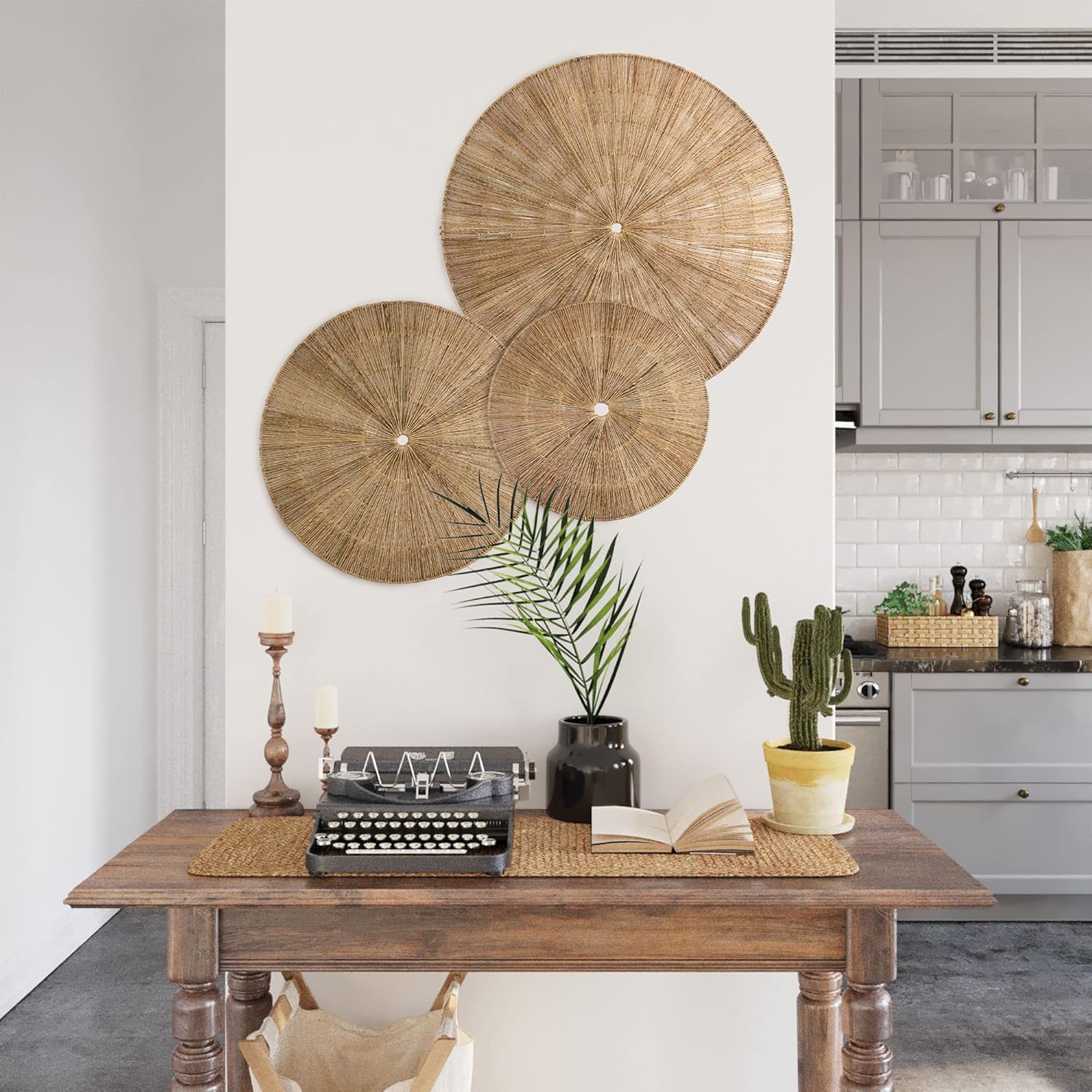 PEMAR 31.5" D Oversized Wicker Wall Hanging Jute Basket Set of 3 Round Handwoven Southwestern Decorative Wall Accents. Room Decor Baskets for Boho, Scandinavian, Farmhouse Wall Decor (Natural)