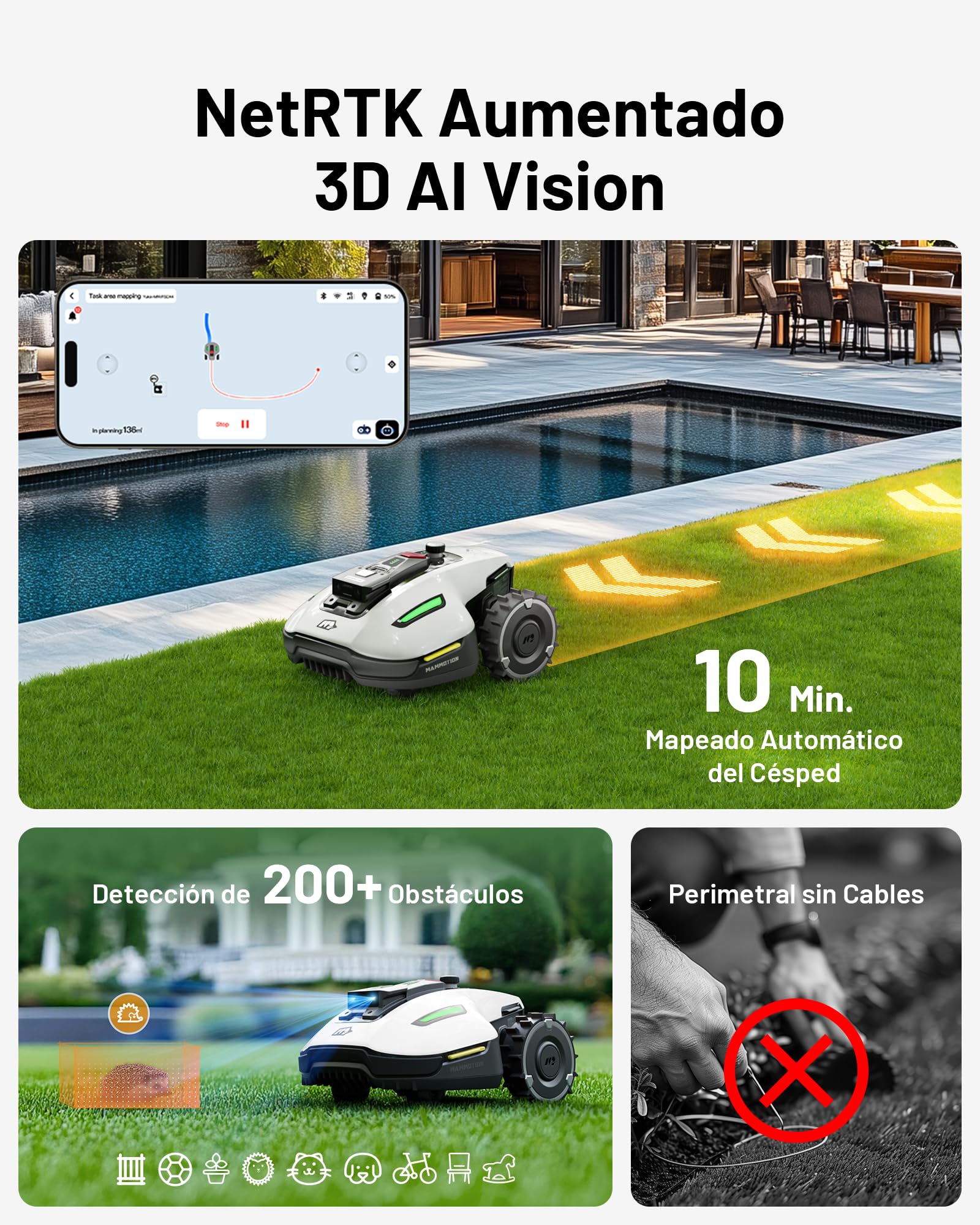 MAMMOTION YUKA Mini 500 Cortacésped robótico sin Cable delimitador, NetRTK+Vision, no Requiere Antena RTK, mapeo automático, área Recomendada 500 m², con módulo 4G, Pendiente del 50%