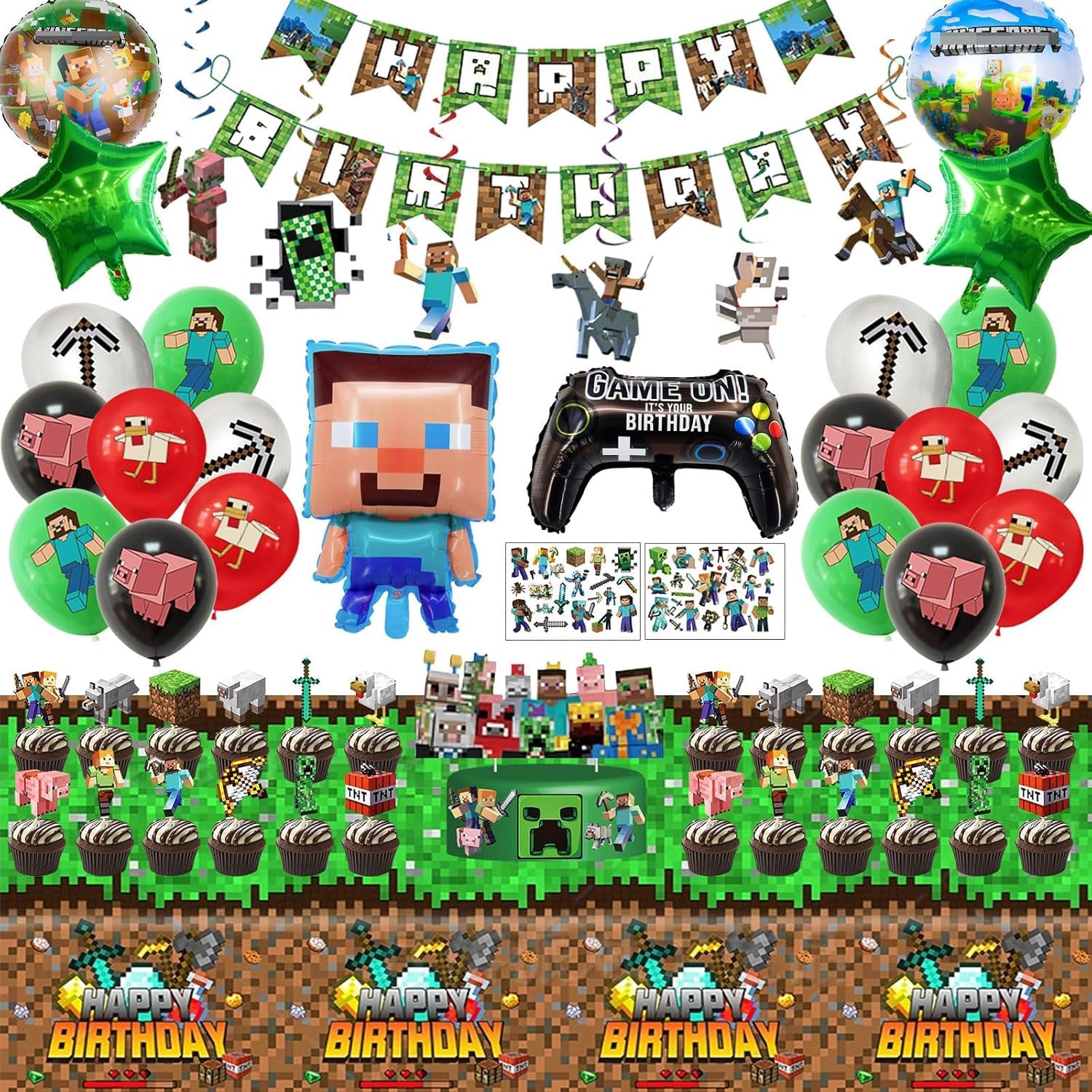 Set di decorazioni per il compleanno dei bambini, 57 pezzi di decorazione di compleanno per ragazzo, Include Tatuaggi temporanei per bambini, Decorazione per torta, Palloncini, Striscione, Tovaglia