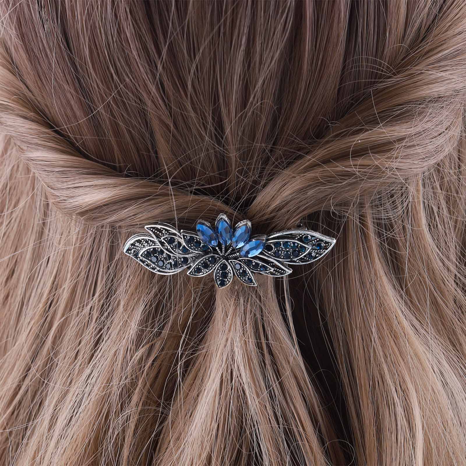 Aneneiceera Blue Crystal Wedding Hair Clip Barrette Molan Rhinestone Black Hair Barrette Clips Bling Bridal Headpieces Head Clip Headwear Crystal Bride Hair Accessories for Women and Girls (Lotus) - Image 2