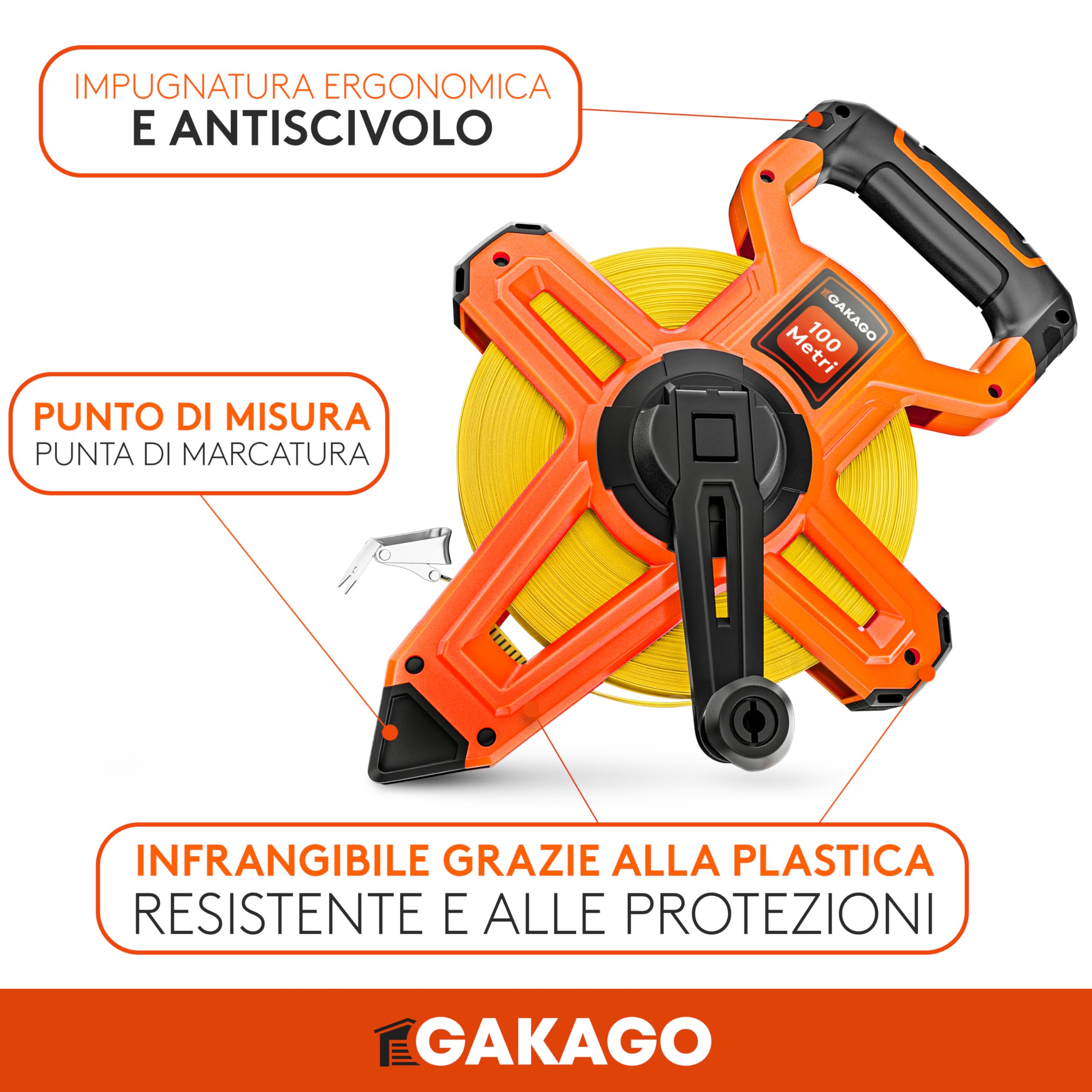 Gakago Metro a nastro 100m - Metro a rullo a 3 pieghe con leva di ripiegamento - Impugnatura ergonomica e antiscivolo - Rotolo di metro a nastro con punta di marcatura