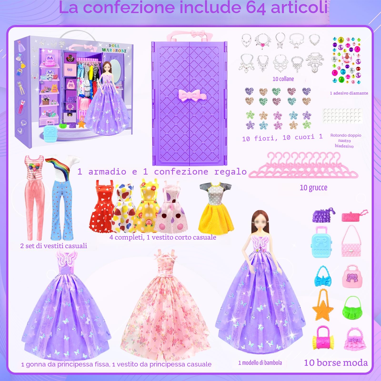 65 Vestiti e accessori per Bambole con Armadio per Bambole da 11,5 pollici - Set di Bambola di Design Inclusi Abiti da Sposa e Vestiti di Moda Top e Pantaloni per Ragazze (include la bambola)