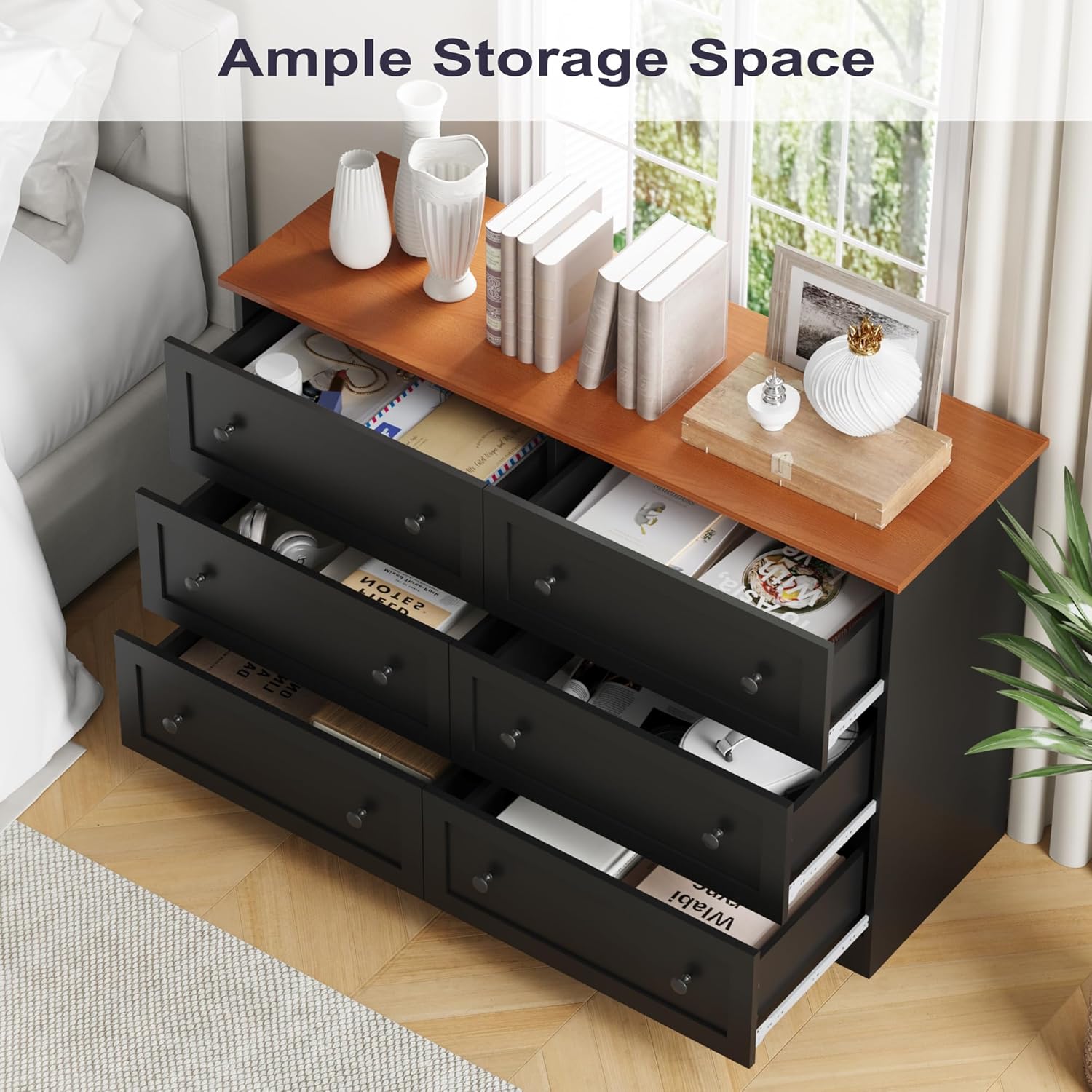 6 Drawers Dresser, 47" Wide Modern Chest of Drawers, Farmhouse Dresser TV Stand Storage Cabinet, Wood Drawer Organizer for Bedroom, Living Room, Hallway, Black